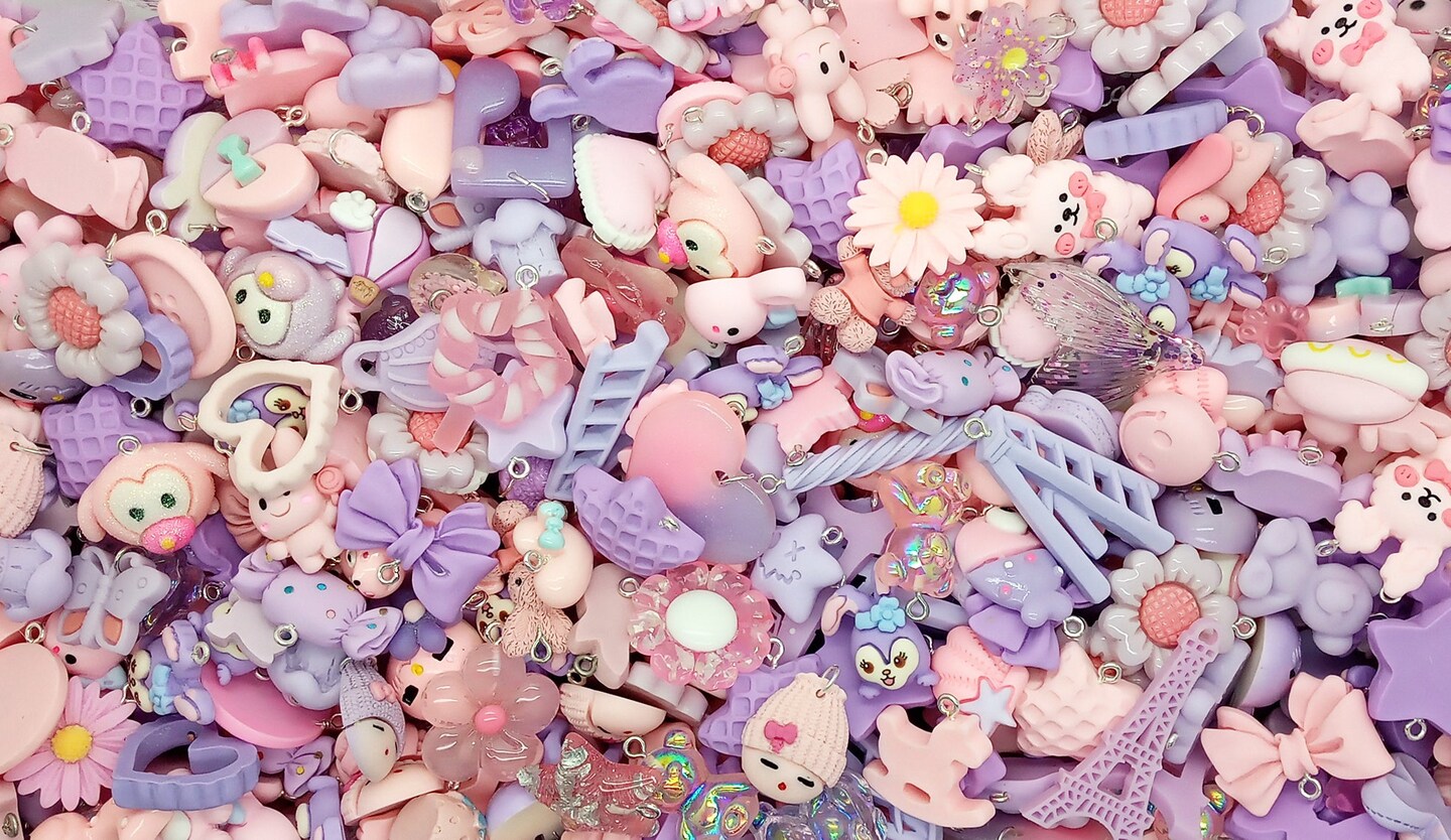 Pink &#x26; Purple Charm Mix, 20 pc Cute Resin Cabochon Grab Bag, Kawaii Charms, Adorabilities