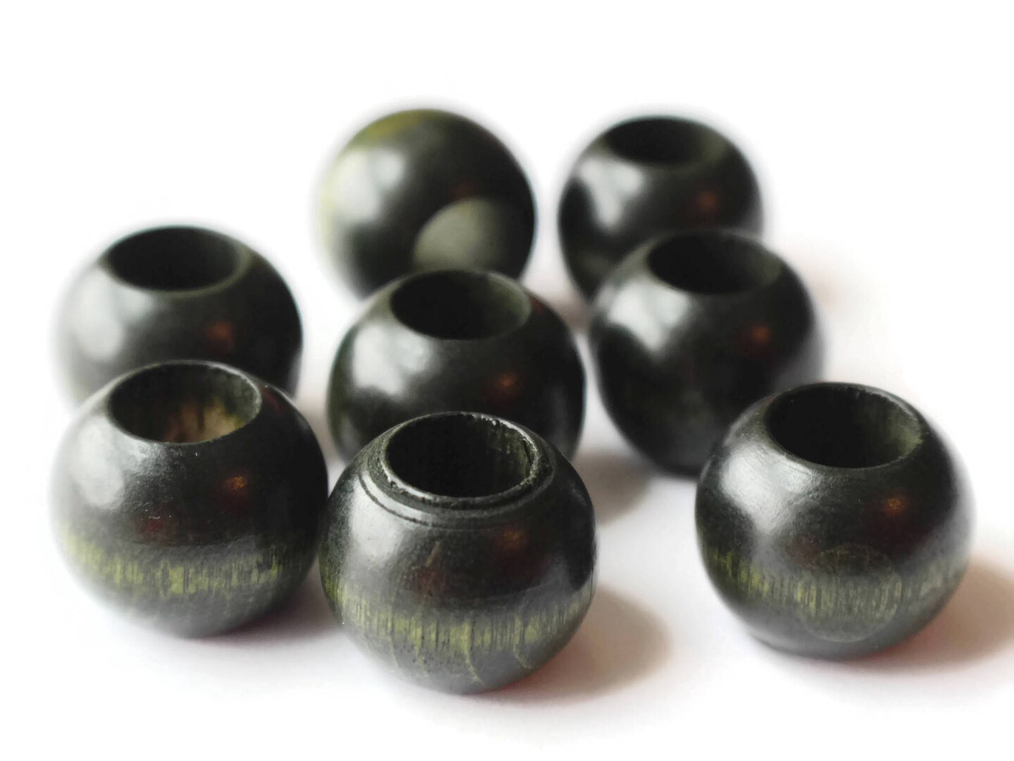 8 20mm Dark Green Wooden Large Hole Beads Round Wood Macrame Beads