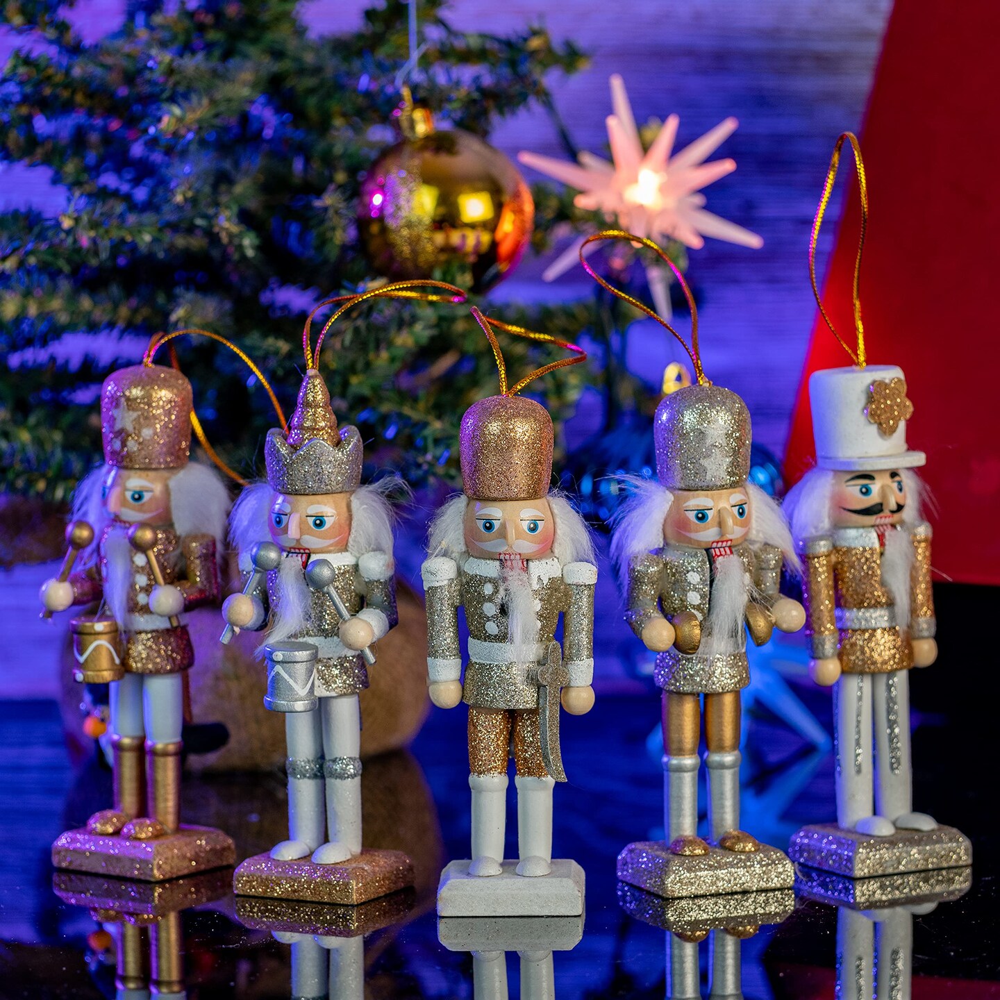 Ornativity Nutcracker Hanging Ornament Figures – Gold and Silver Glittered Christmas Mini Wooden King and Soldier Nutcrackers Xmas Tree Ornament Set – 5 Pieces