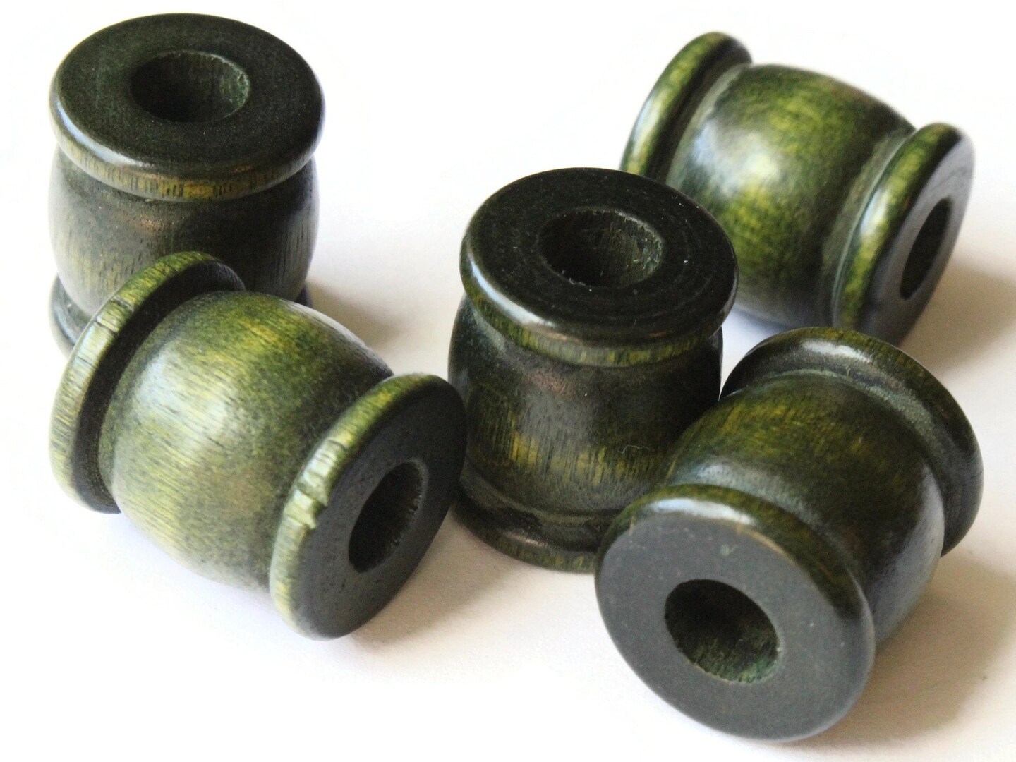 5 22mm Green Wooden Drum Beads Vintage Wood Large Hole Beads