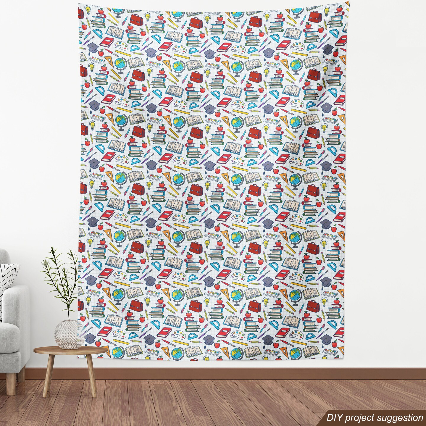 Ambesonne Science Fabric by the Yard, Elementary Theme Student Supplies Globe Paints and Brushes Books, Decorative Fabric for Upholstery and Home Accents, 5 Yards, Blue Red