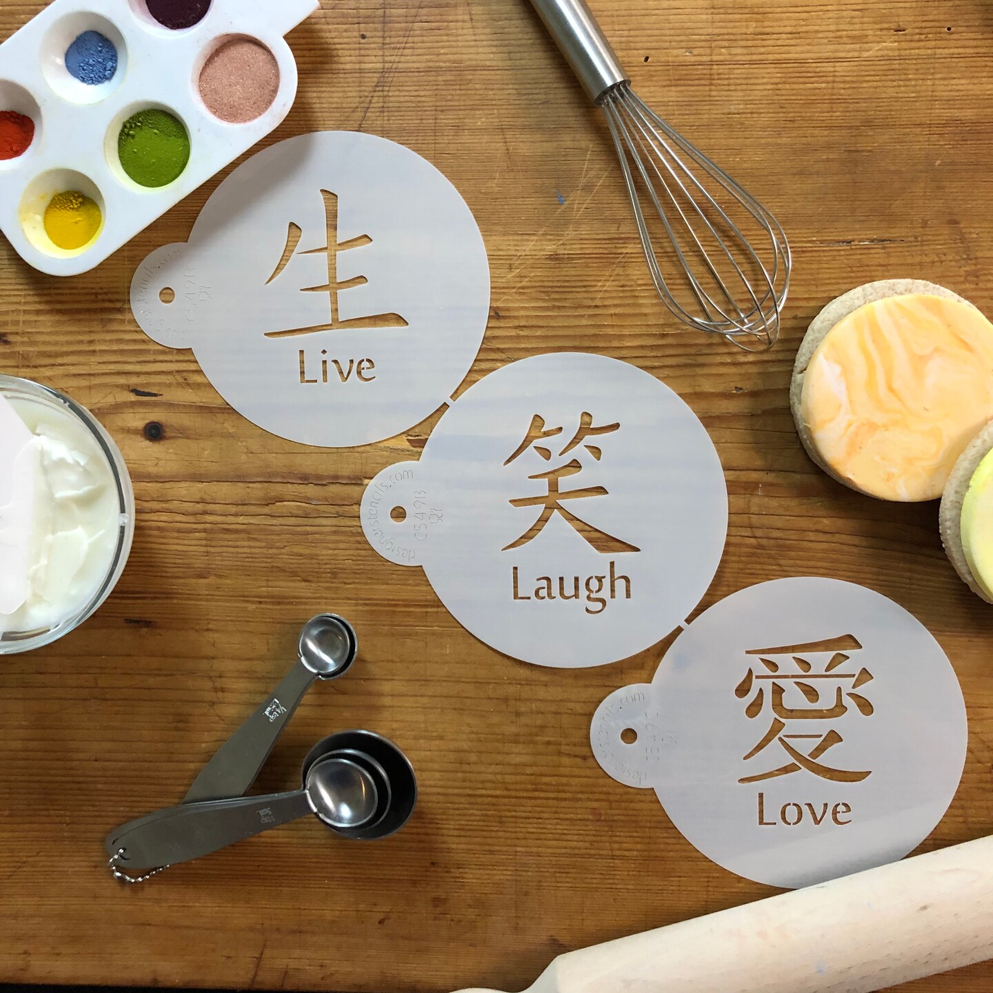 Live, Love, Laugh Symbols Cake &#x26; Cookie Stencil Set | C549 by Designer Stencils | Cake Decorating Tools | Baking Stencils for Royal Icing, Airbrush, Dusting Powder | Reusable Food Grade Stencil for Cakes &#x26; Cookies | Easy to Use &#x26; Clean Stencil