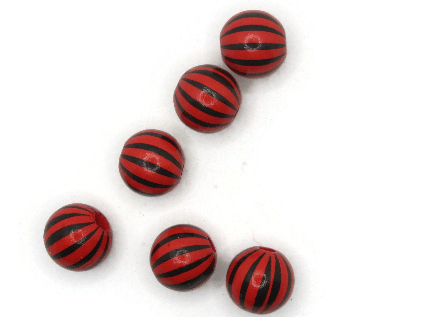6 15mm Red and Black Striped Round Wood Beads