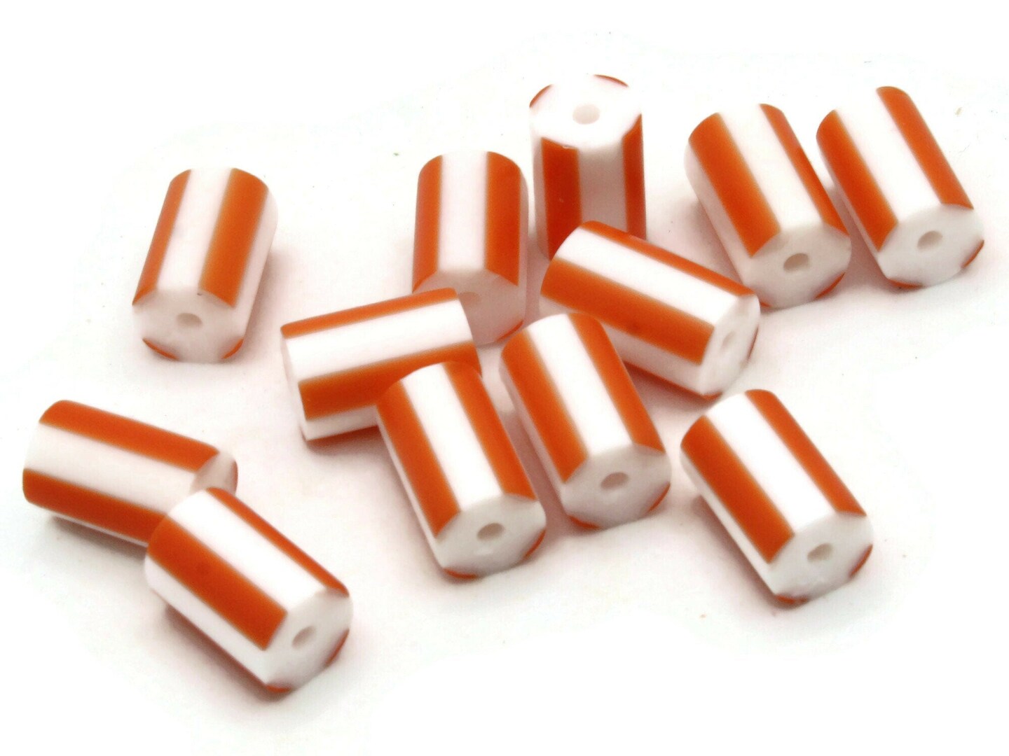 12 12mm to 14mm Orange and White Striped Vintage Plastic Tube Beads