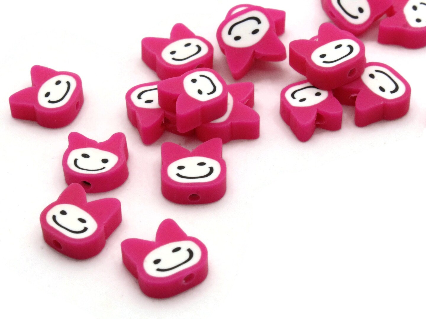 20 Bright Pink Smiley Face Bunny Heads - Polymer Clay Rabbit Beads