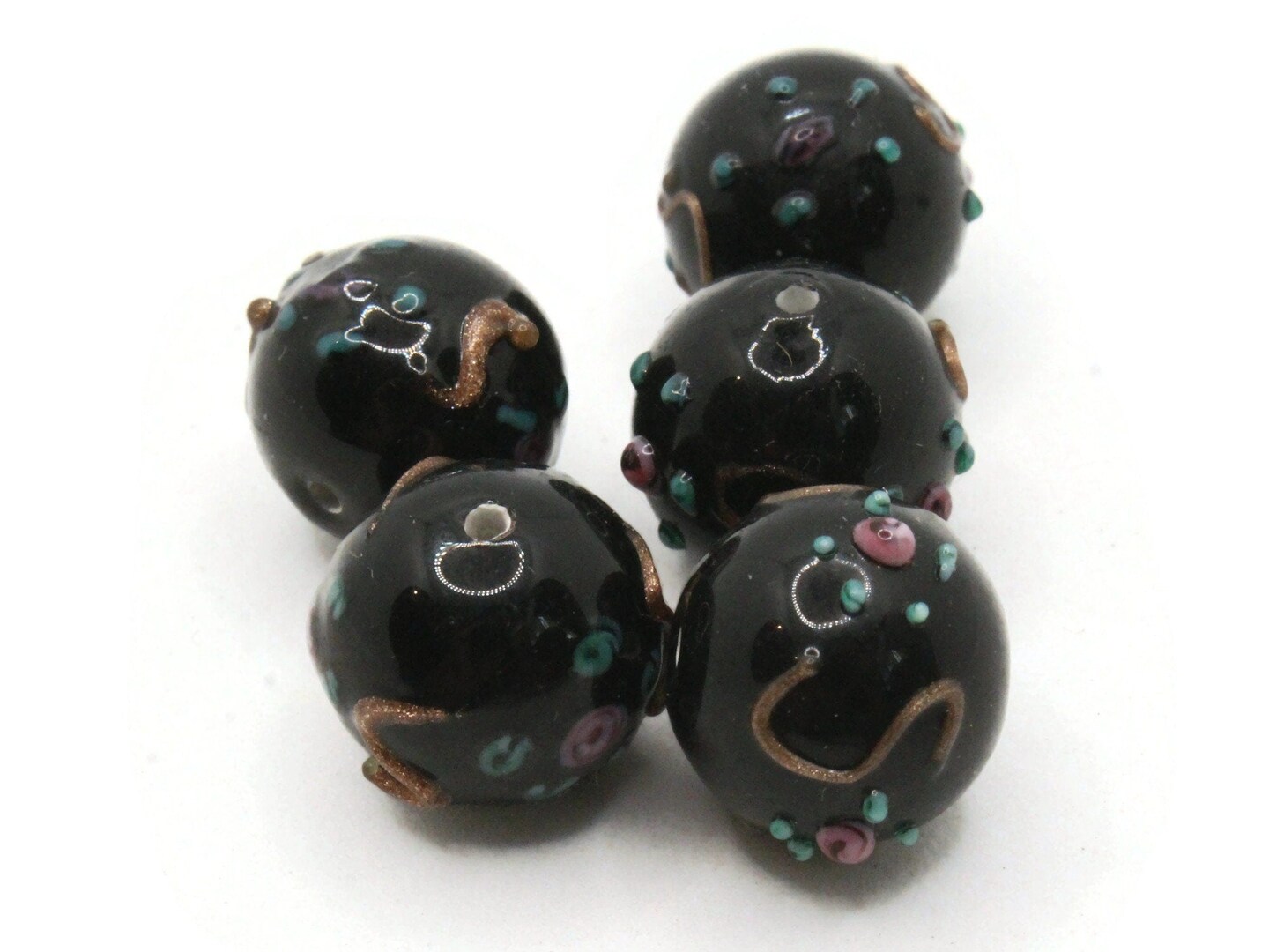 5 14mm Round Black Floral Lampwork Glass Multi-color Wedding Cake Beads