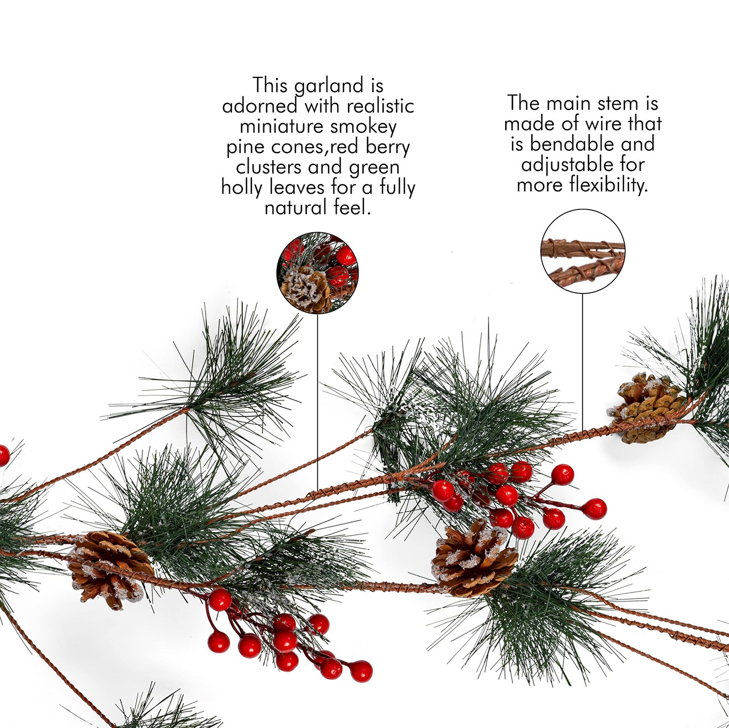 Ornativity Pine and Berries Garland - Pine Needles, Pinecone and Berry Rustic Holiday Christmas Tree Natural Garland Decorations &#x2013; 6 Ft