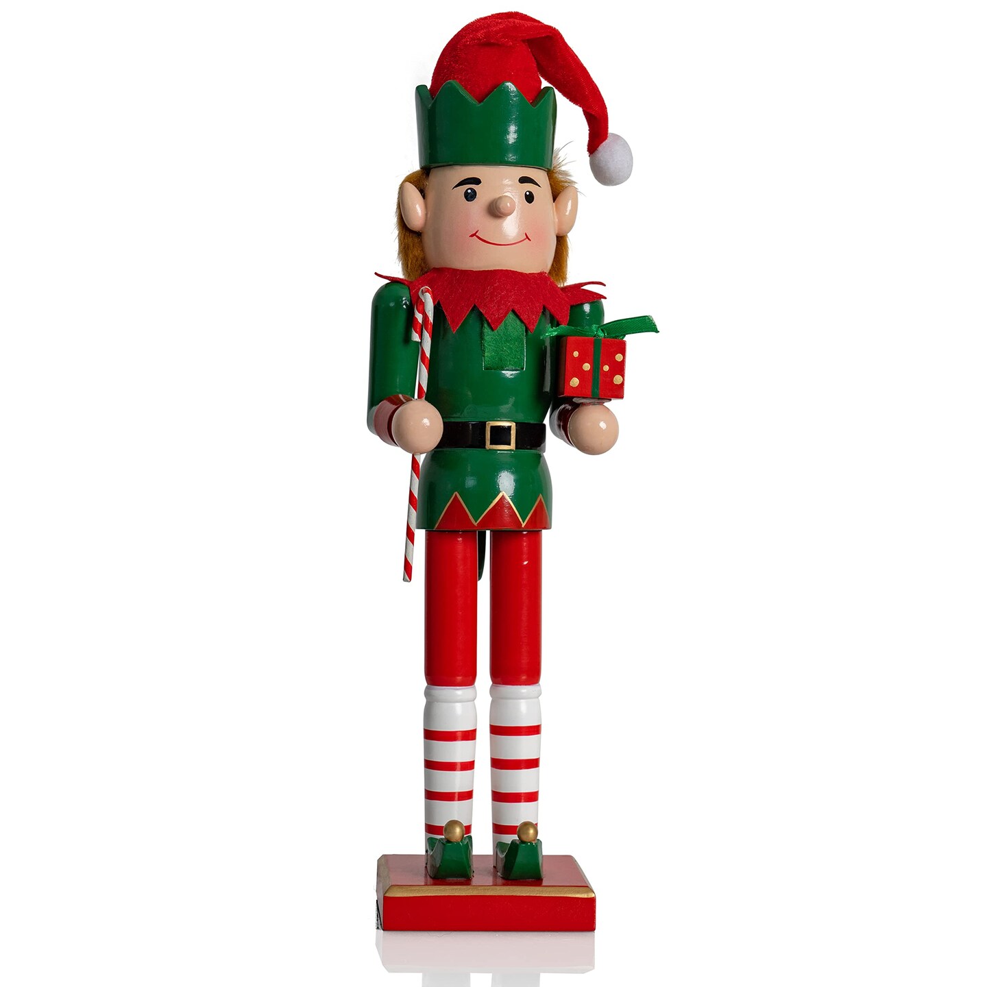 Ornativity Christmas Elf Holiday Nutcracker &#x2013; Red and Green Wooden Elf with Candy Cane and Gift Box Xmas Themed Holiday Nut Cracker Doll Figure Toy Decorations