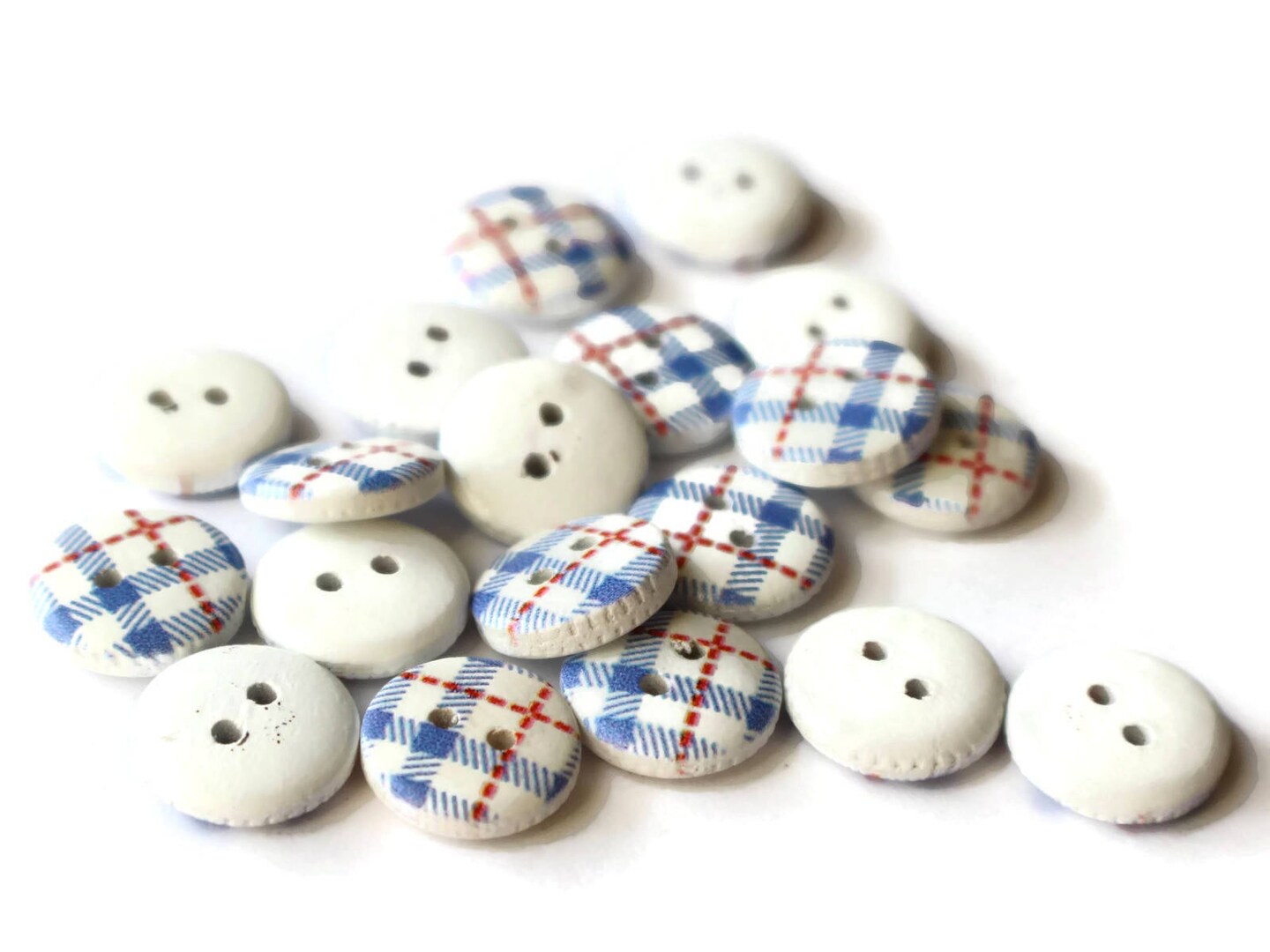 20 13mm Two Hole Blue Tartan Plaid Buttons Round Wooden Buttons Wood Buttons