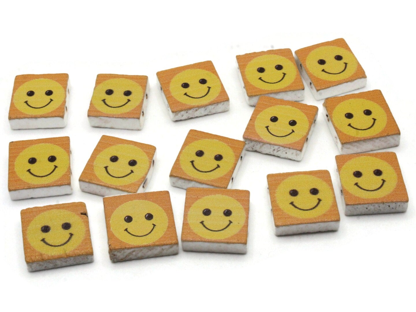 15 20mm Orange and Yellow Beads Wooden Rectangle Happy Face Beads - Two Hole Emoji Beads