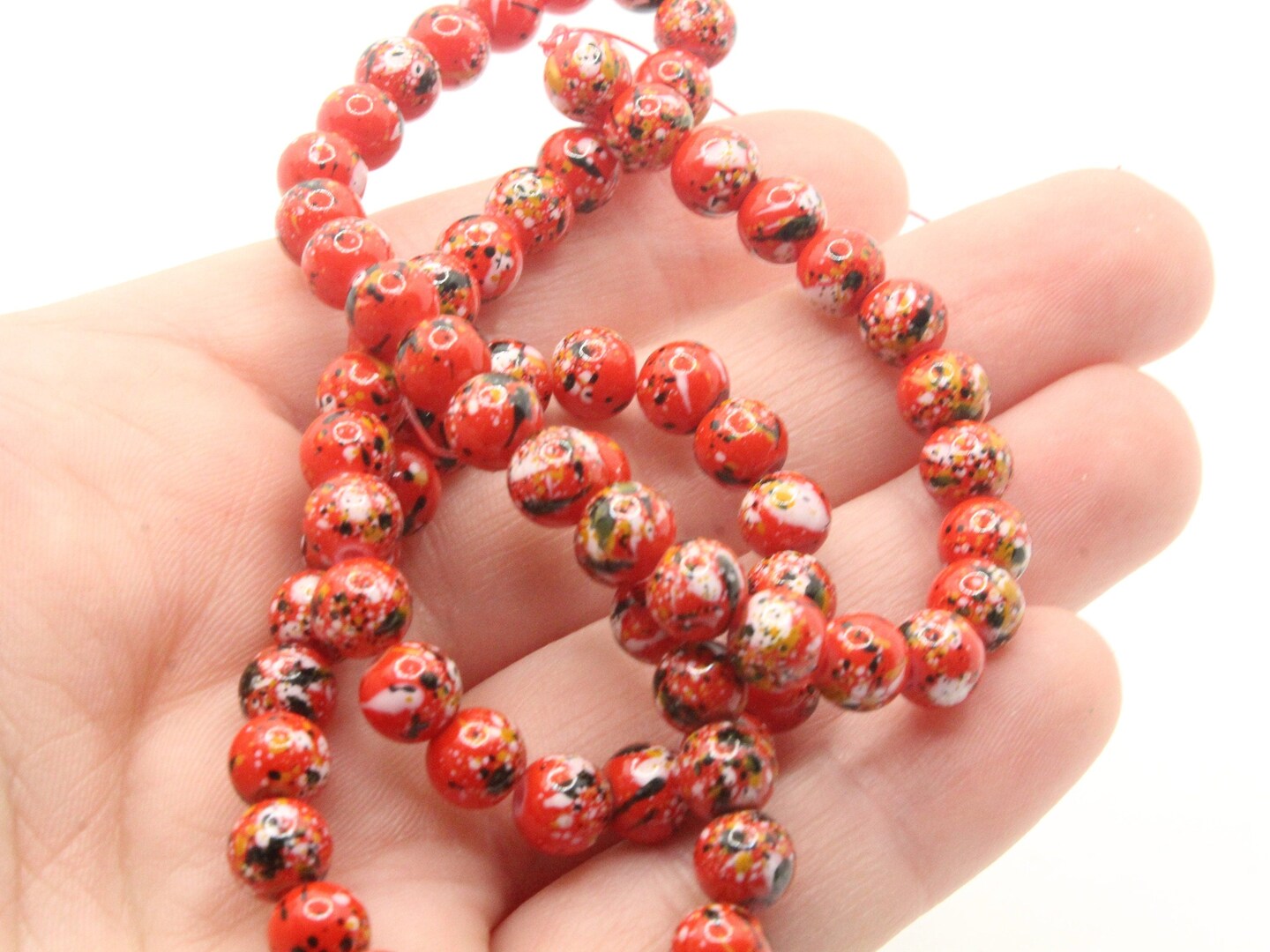 68 6mm Red Black and White Splatter Paint Round  Glass Beads