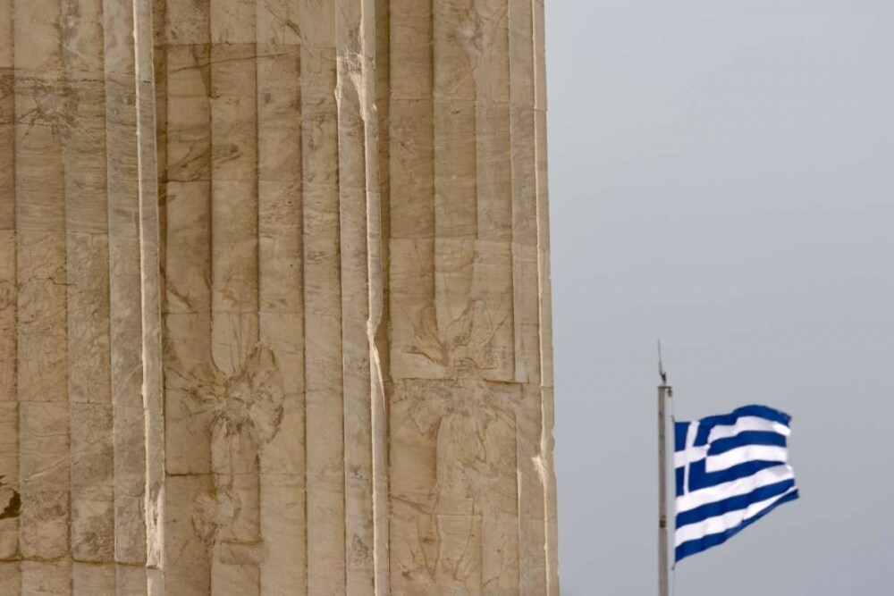 Greece, Acropolis Parthenon and Greek flag by Bill Young - Item # VARPDXEU12BJA0038