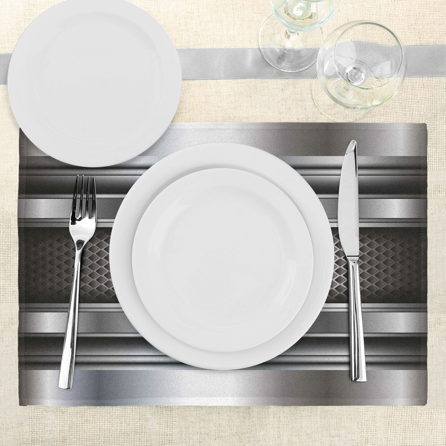 Ambesonne Grey Place Mats Set of 4, Realistic Vivid Looking Steel Plates Image Heavy Industry Technology Themed Print, Washable Fabric Placemats for Dining Table, Standard Size, Grey Taupe