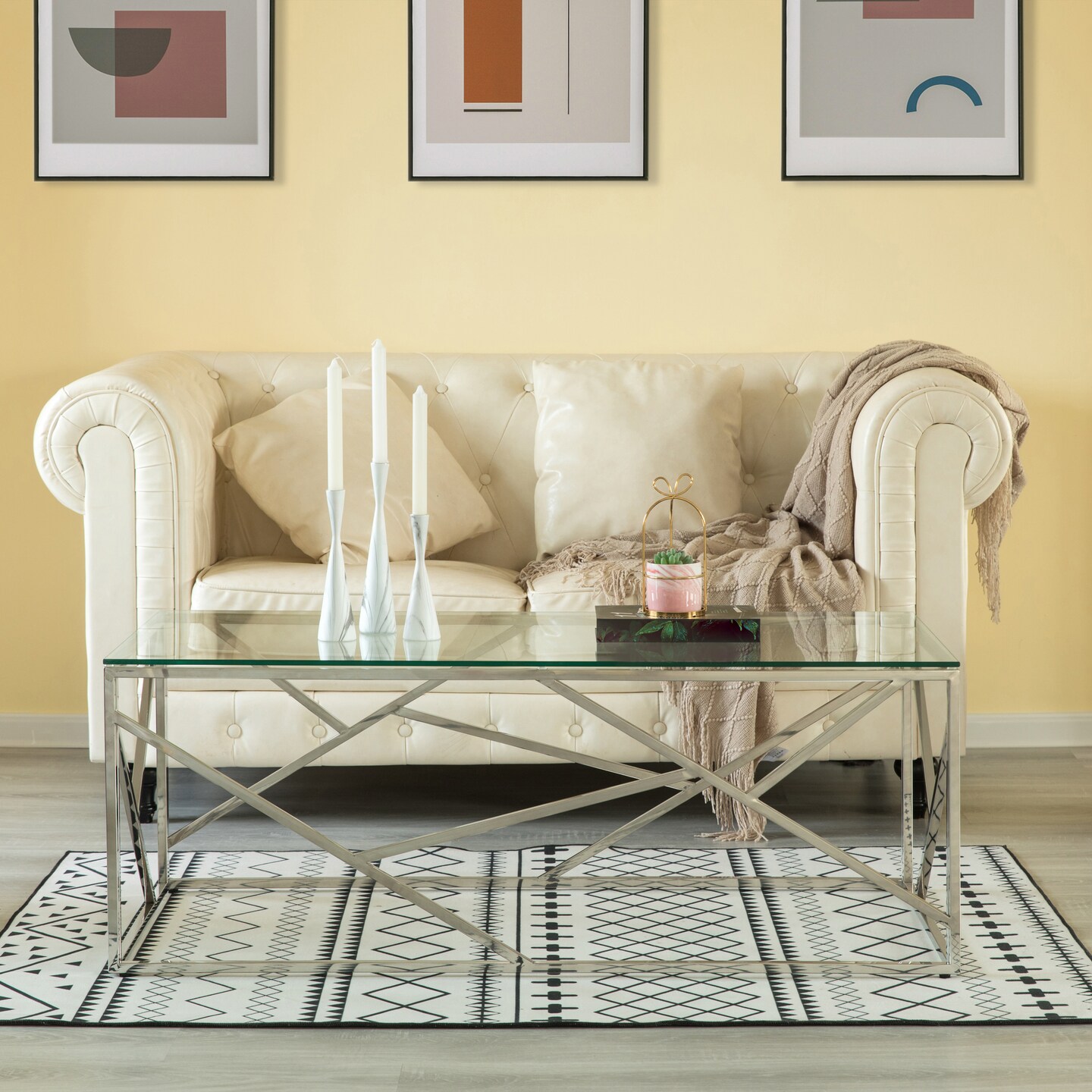 Decorative Rectangular Glass Top Metal Modern Coffee Table