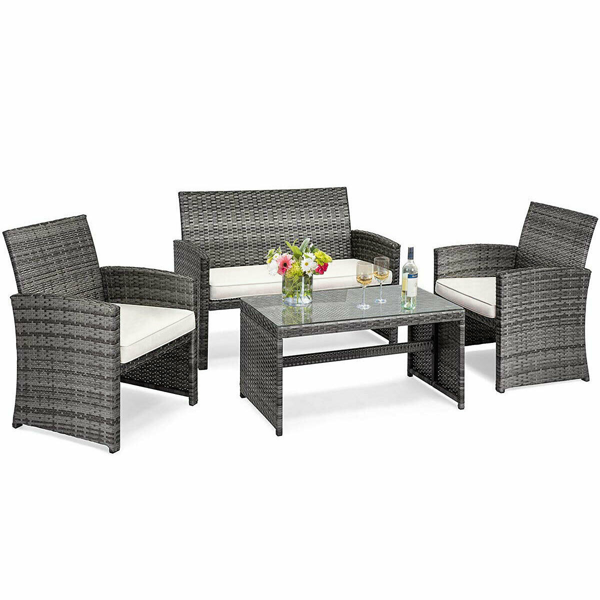 Costway 4PCS Rattan Patio Furniture Set Garden Lawn Sofa Cushioned Seat Mix Gray Wicker