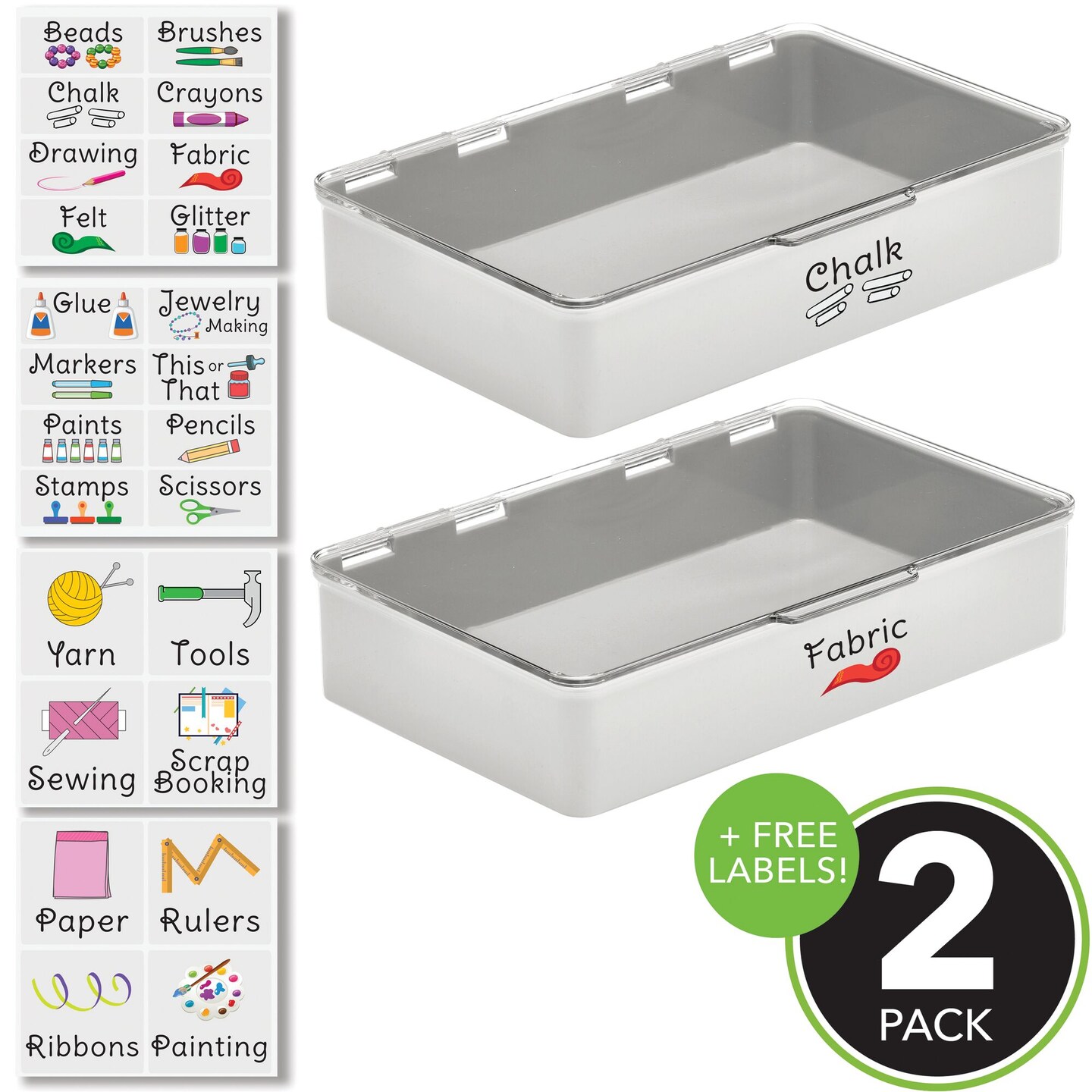 mDesign Stackable Plastic Craft, Sewing Storage Box, 2 Pack + 32 Labels