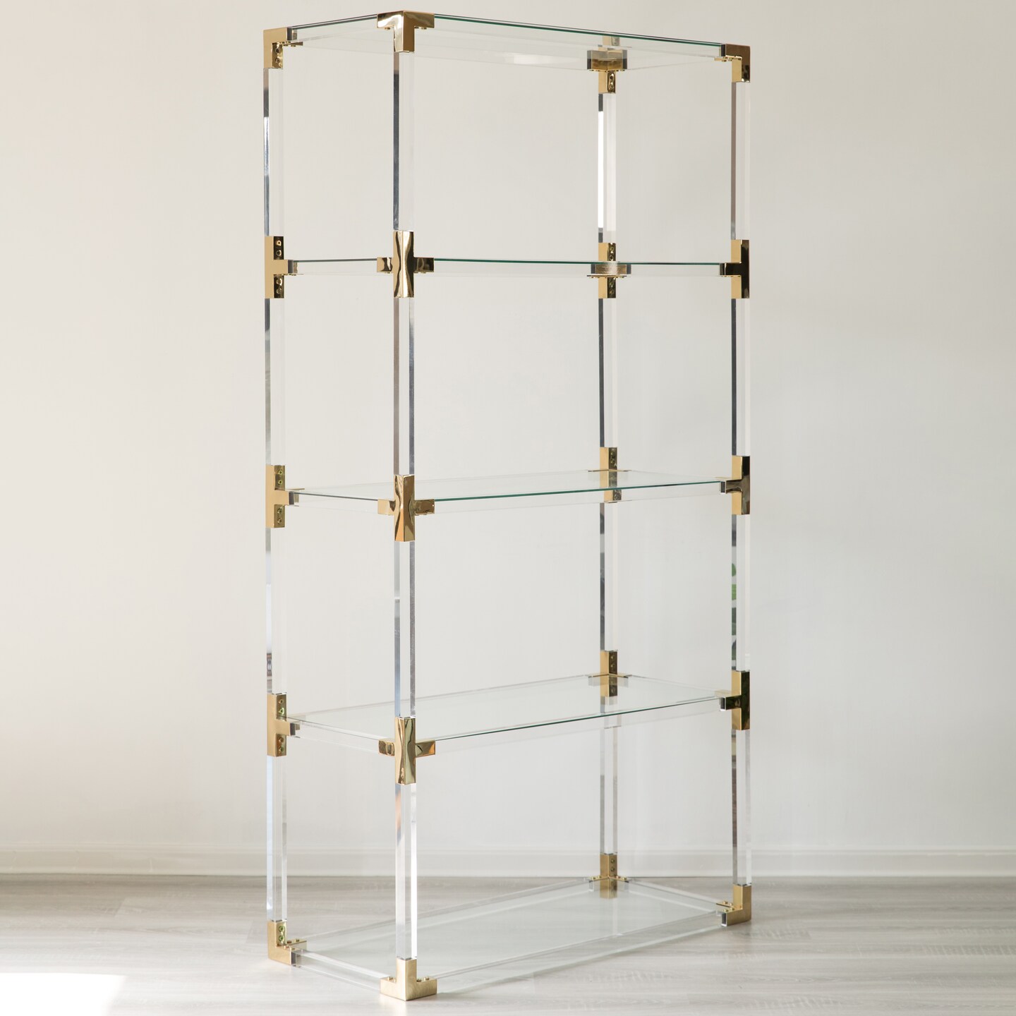 Acrylic Gold Metal Modern 4 Shelf Etagere Bookcase with Glass Shelves