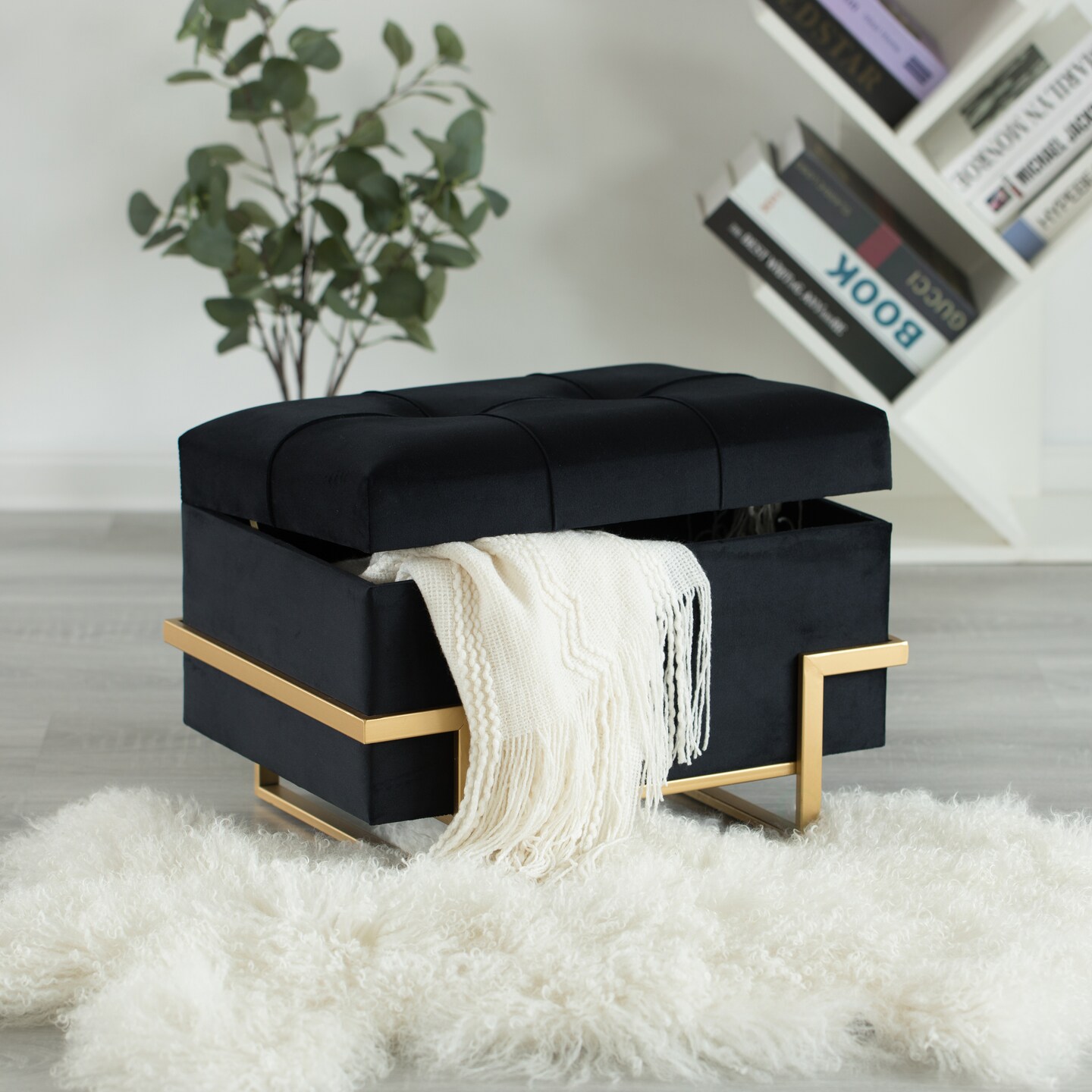 Rectangle Velvet Storage Ottoman Stool Box with Abstract Golden Legs | Decorative Sitting Bench for Living Room Home Decor with Unique Base Support