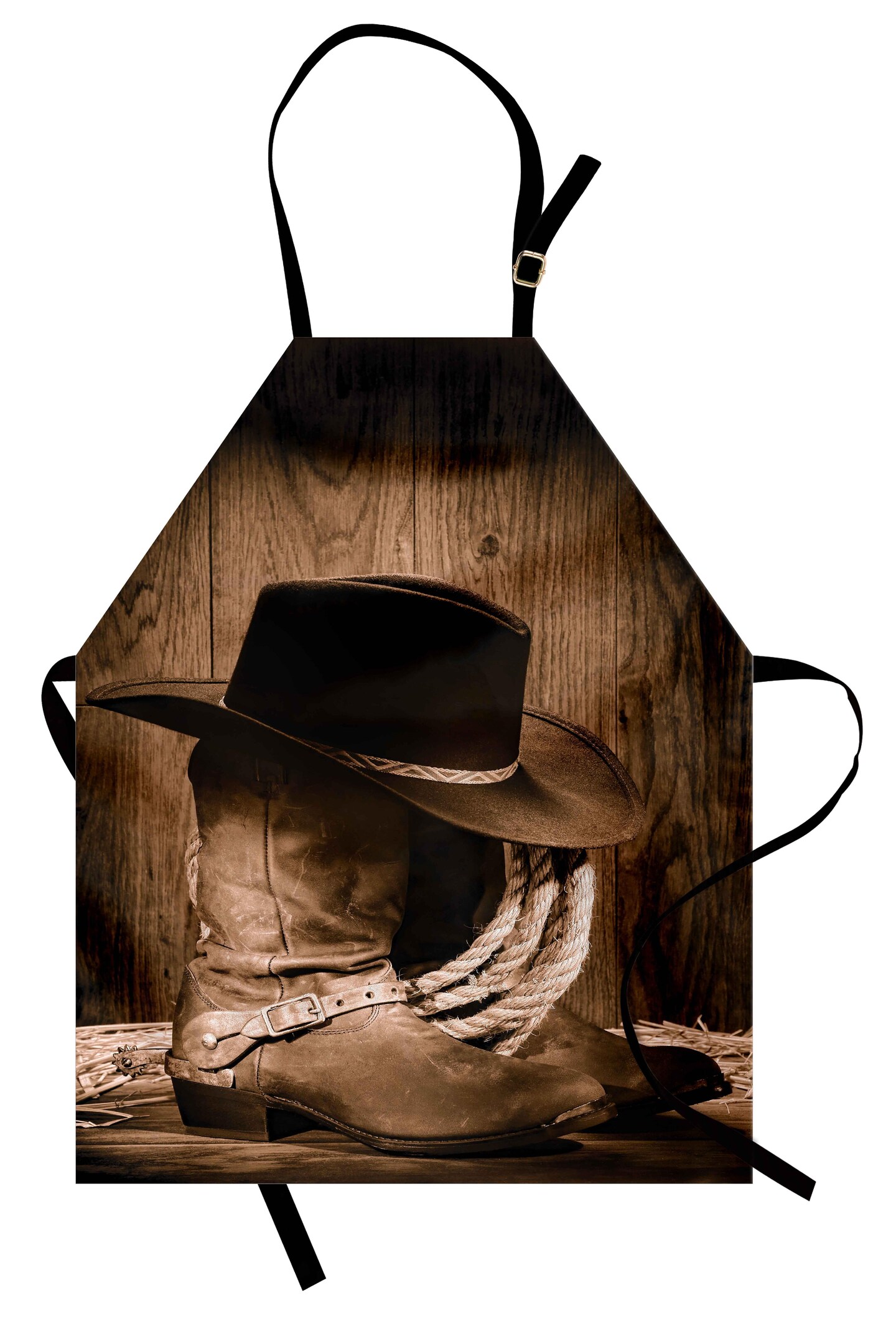 Ambesonne Western Apron, Wild West Themed Cowboy Hat and Old Ranching on Wooden Display Rodeo Cowboy Style, Unisex Kitchen Bib with Adjustable Neck for Cooking Gardening, Adult Size, Brown