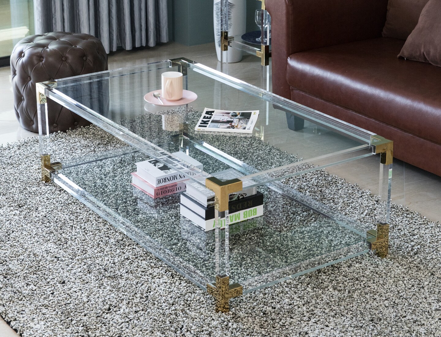 Rectangular Acrylic Modern Gold Metal Coffee Table with Tempered Glass and Shelf