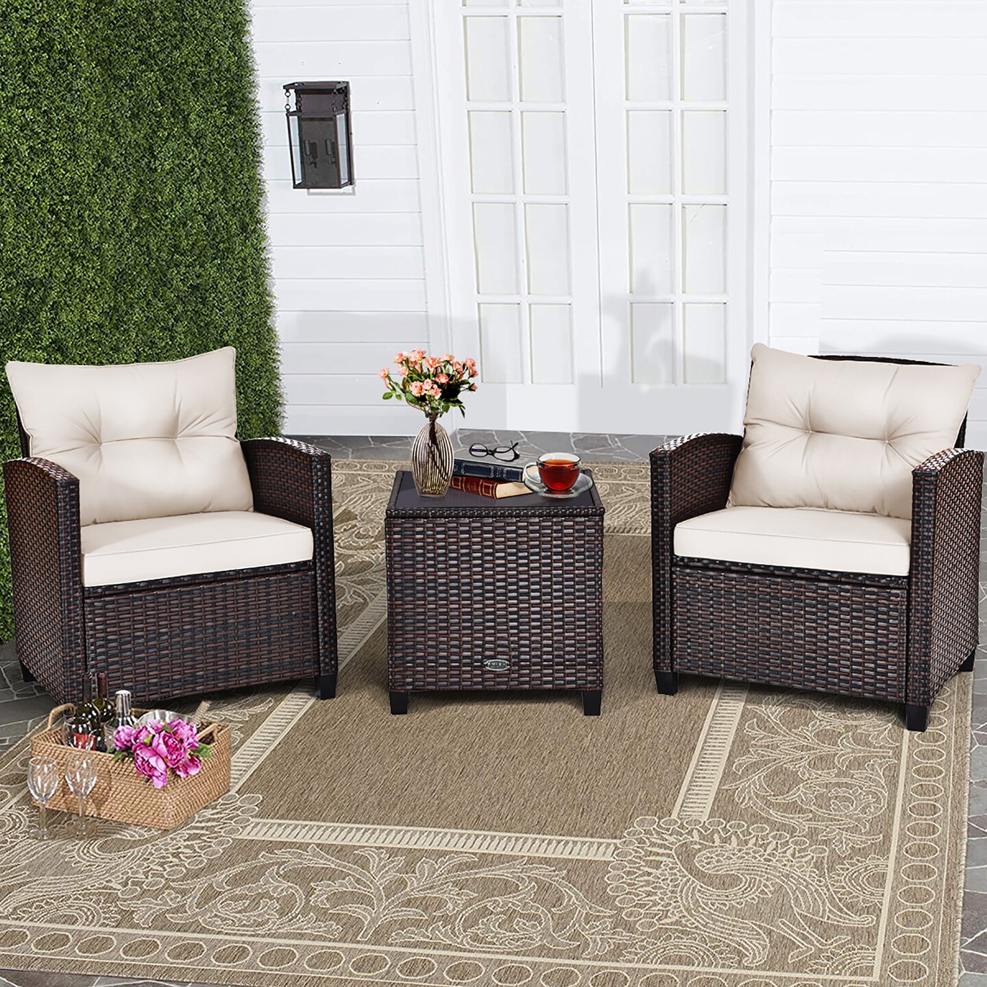 Costway 3PCS Patio Rattan Furniture Set Cushioned Conversation Set Sofa