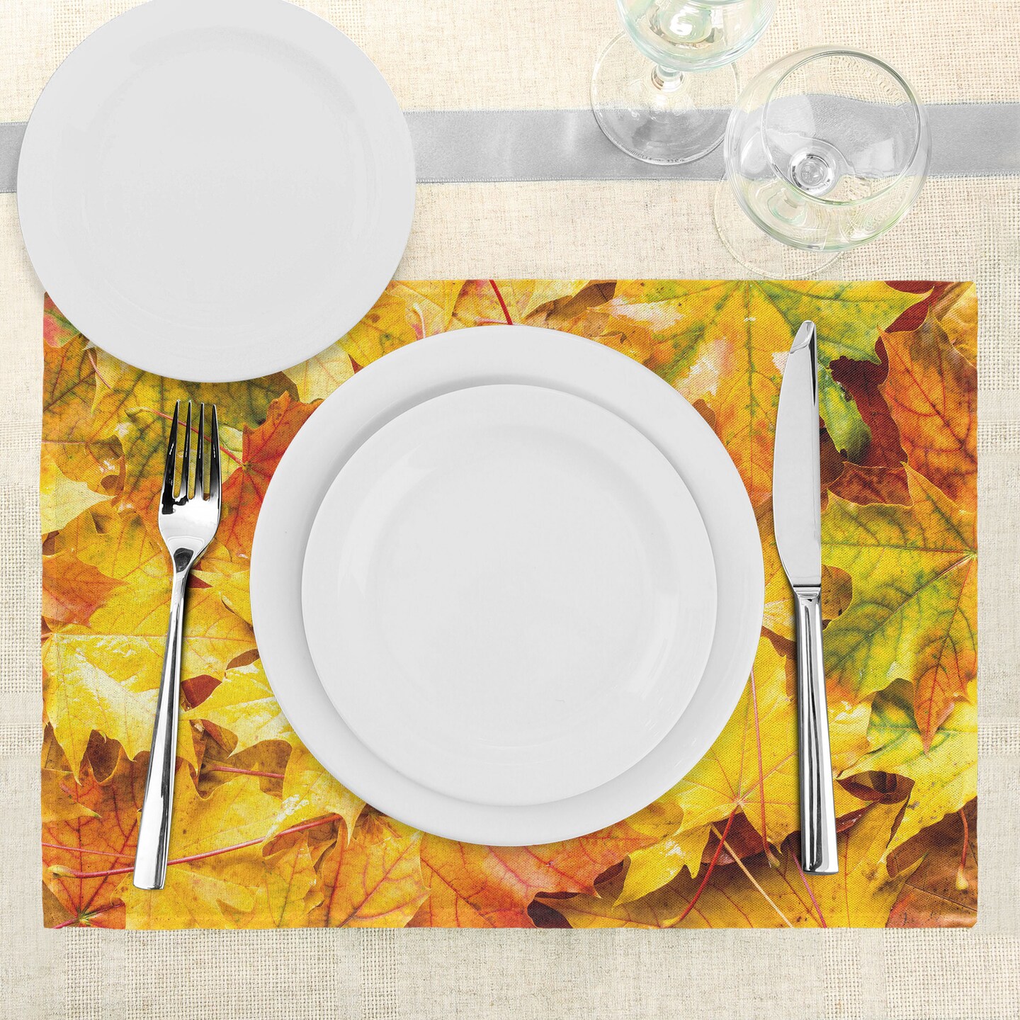 Ambesonne Fall Place Mats Set of 4, Wet Fall Leaves in Rainy Weather Maple Tree Nature in November Change of Seasons Theme, Washable Fabric Placemats for Dining Table, Standard Size, Multicolor