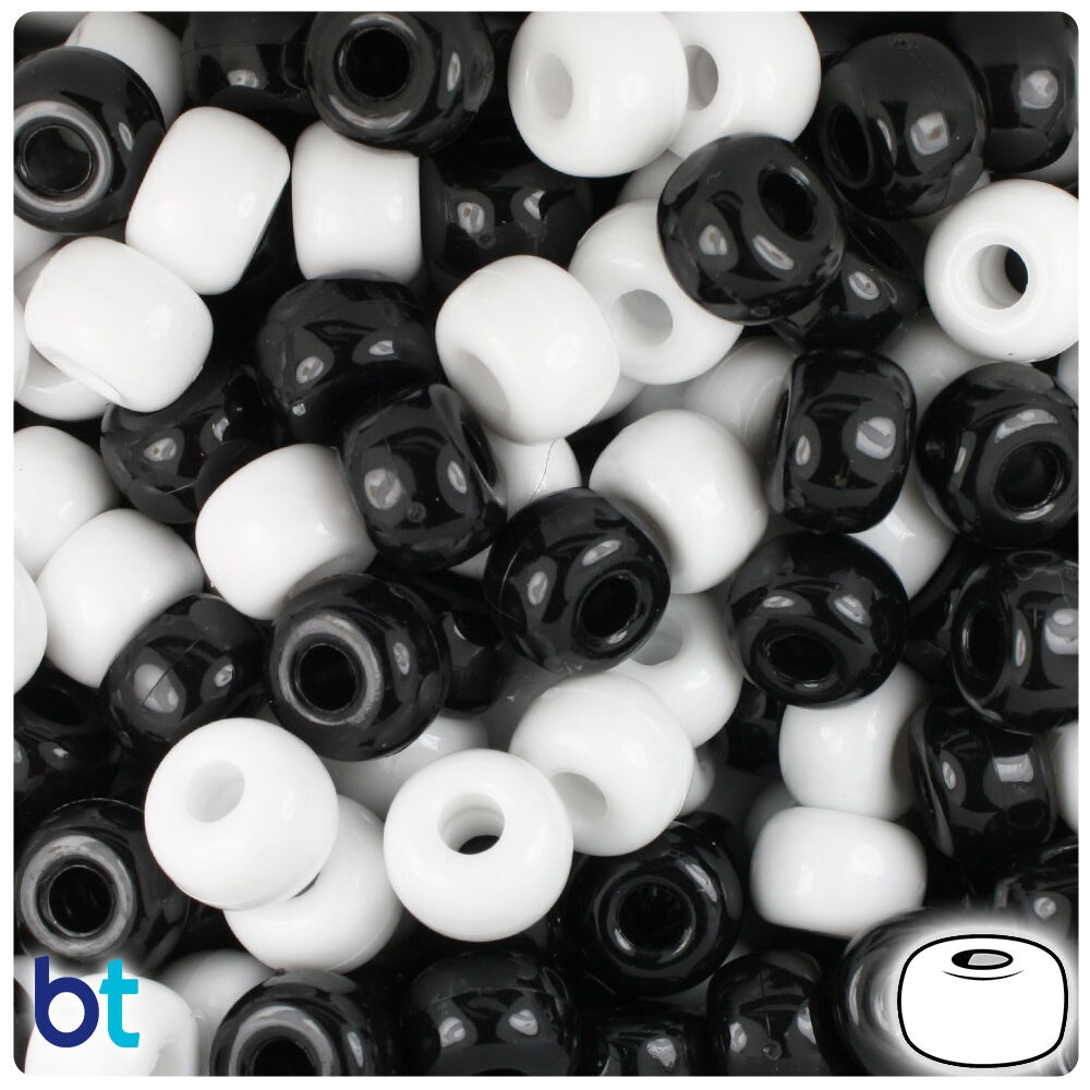 BeadTin Black &#x26; White Opaque 11mm Large Barrel Plastic Pony Beads (250pcs)