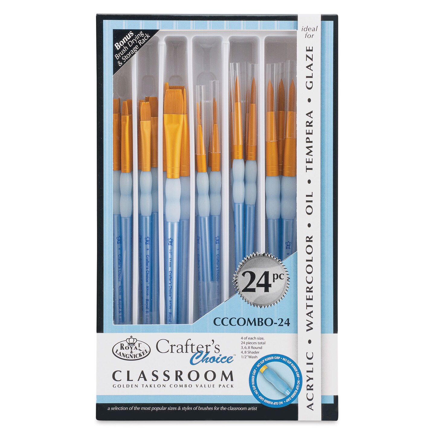 Royal &#x26; Langnickel Crafter&#x27;s Choice Golden Taklon Classroom Pack - Round, Shader and Wash, Pkg of 24
