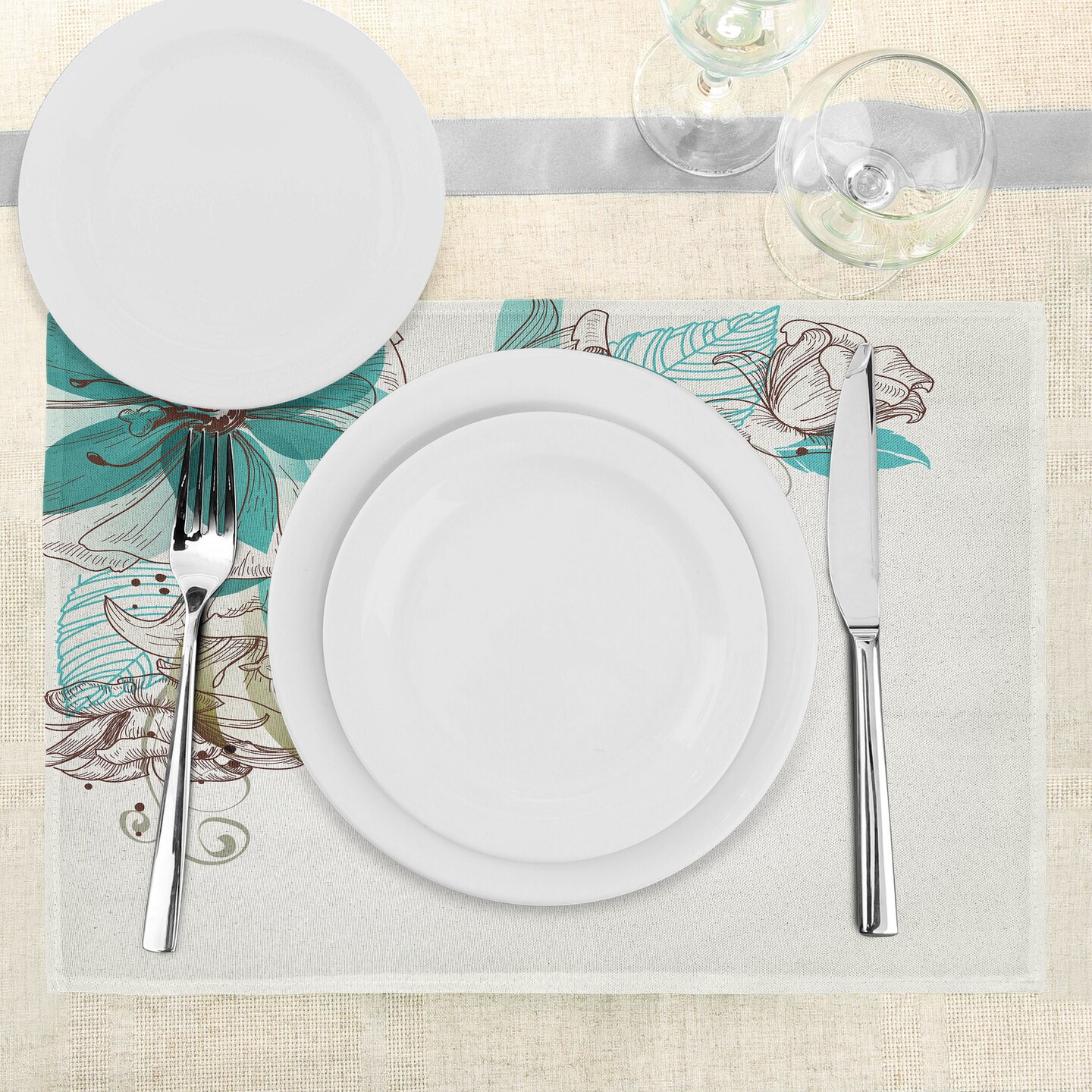 Ambesonne Turquoise Place Mats Set of 4, Flowers Buds Leaf at the top Left Corner Season Celebrating Theme, Washable Fabric Placemats for Dining Table, Standard Size, Teal Pale Green