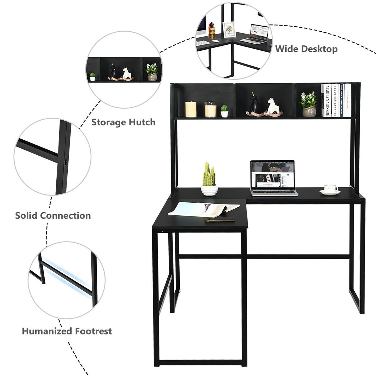 Costway 55&#x27;&#x27; L-Shaped Desk Corner Computer Desk w/Hutch Black