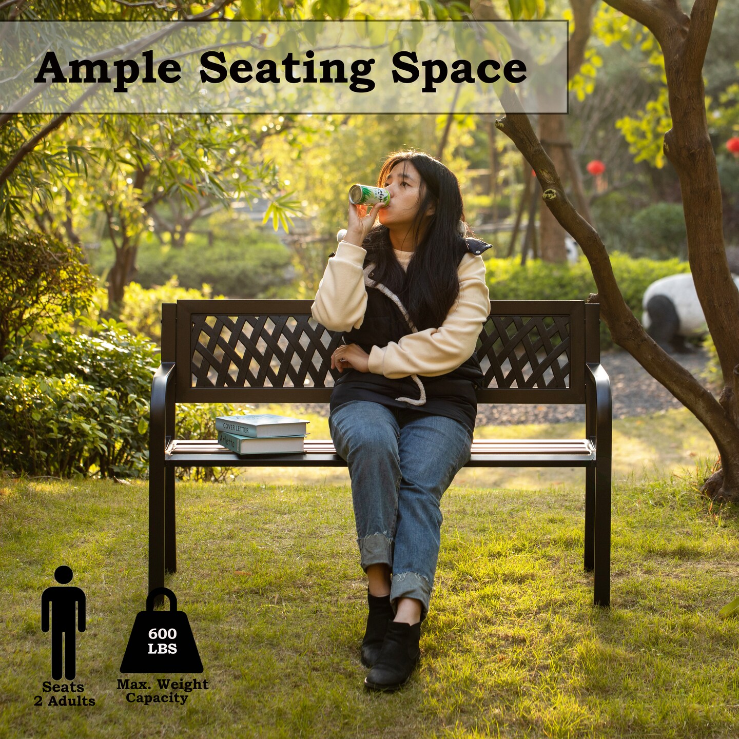 Gardenised Outdoor Steel 47 Park Bench for Yard, Patio, Garden and Deck, Black Weather Resistant Porch Bench, Park Seating