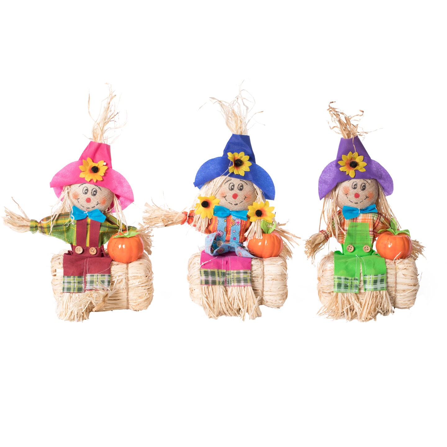 Gardenised 12 Inch Sitting on Straw and Hay Bales Multicolor Trio Scarecrows for Halloween, Fall and All Time Season Garden Decor, Scatter them Around or Gather them Together for a Mesmerizing Display
