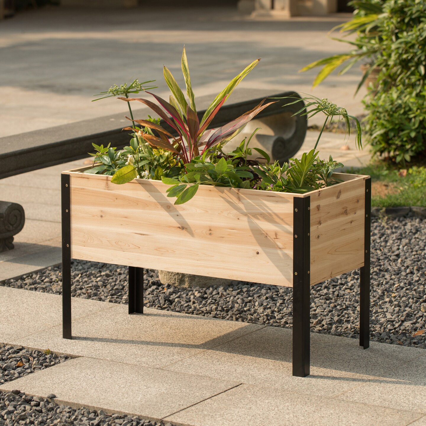 Elevated Outdoor Raised Rectangular Planter Bed Box Solid Wood with Steel Legs, Natural