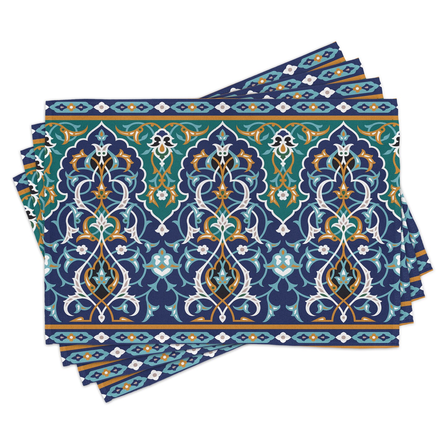Ambesonne Moroccan Place Mats Set of 4, Oriental Petals Hippie Vintage Mosaic Design, Washable Fabric Placemats for Dining Table, Standard Size, Blue Mustard