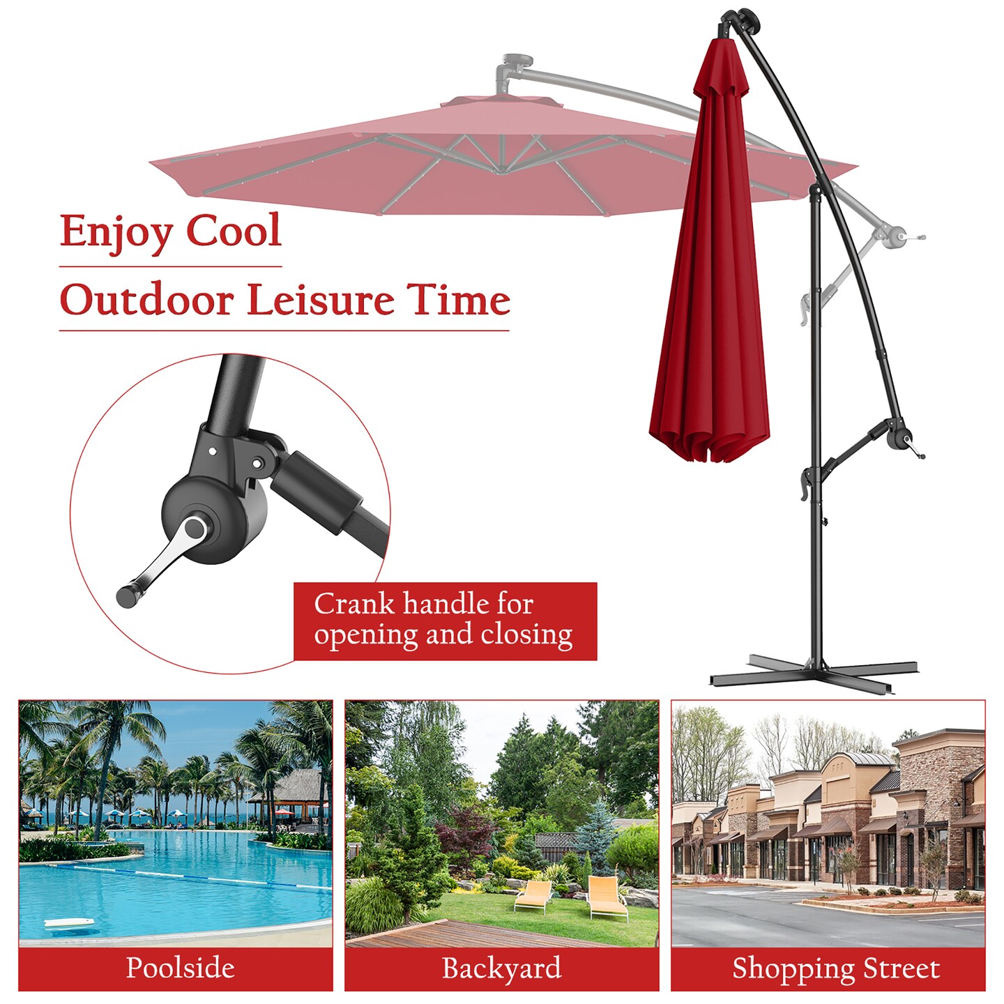 Costway 10' Hanging Solar LED Umbrella Patio Sun Shade Offset Market W/Base Burgundy