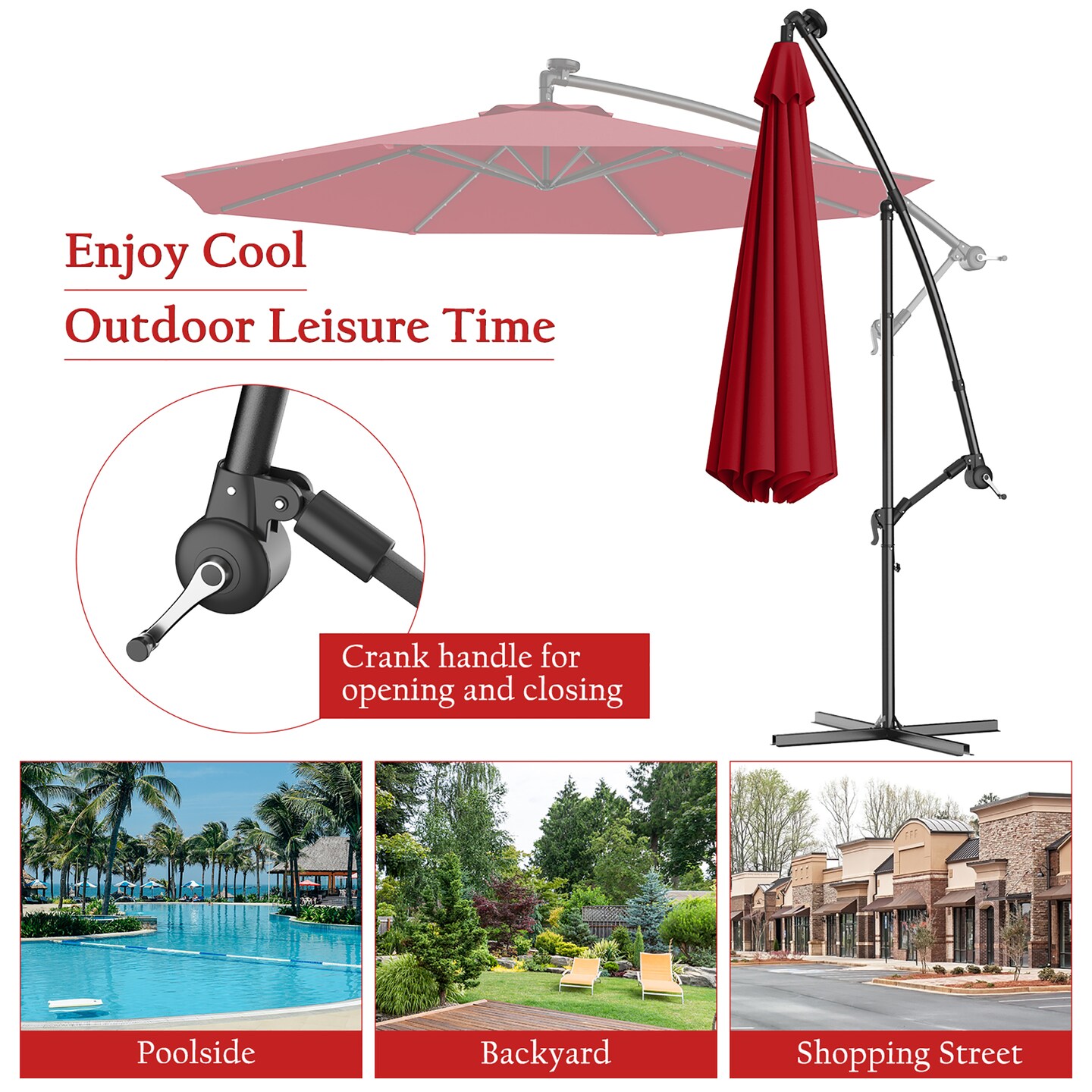 Costway 10&#x27; Hanging Solar LED Umbrella Patio Sun Shade Offset Market W/Base Burgundy