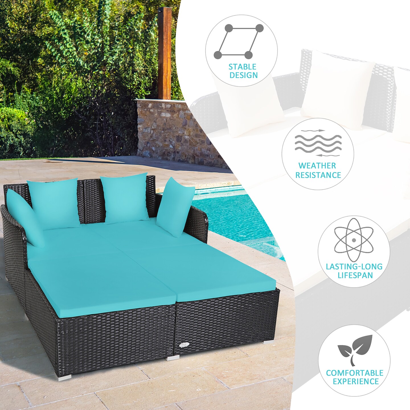Costway Outdoor Patio Rattan Daybed Pillows Cushioned Sofa Furniture Beige/Turquoise/Red/Black