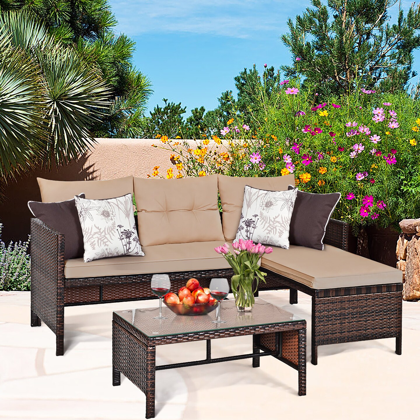 Costway 3PCS Patio Wicker Rattan Sofa Set Outdoor Sectional Conversation Set