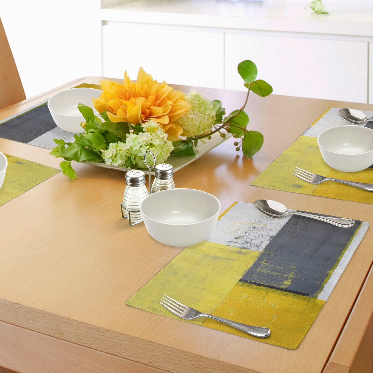 Ambesonne Grey and Yellow Place Mats Set of 4, Street Art Modern Grunge Abstract Design Squares, Washable Fabric Placemats for Dining Table, Standard Size, Grey Yellow