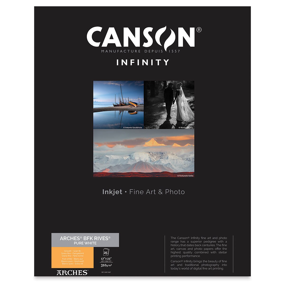 Canson Infinity Arches BFK Rives Inkjet Fine Art and Photo Paper - 17&#x22; x 22&#x22;, Pure White, 310 gsm, Package of 25