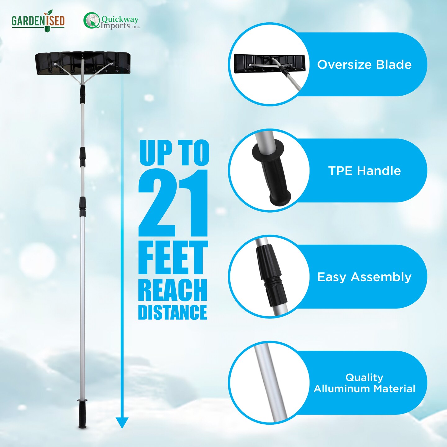 Snow Rake Shovel | Aluminum Snow &#x26; Leaf Removal Tool &#x26; Pusher Scraper for House Roof &#x26; Car with 24&#x201D; Rolling Blade, Lightweight 5-21&#x2019; Telescoping Extendable Handle &#x26; Nonslip Grip