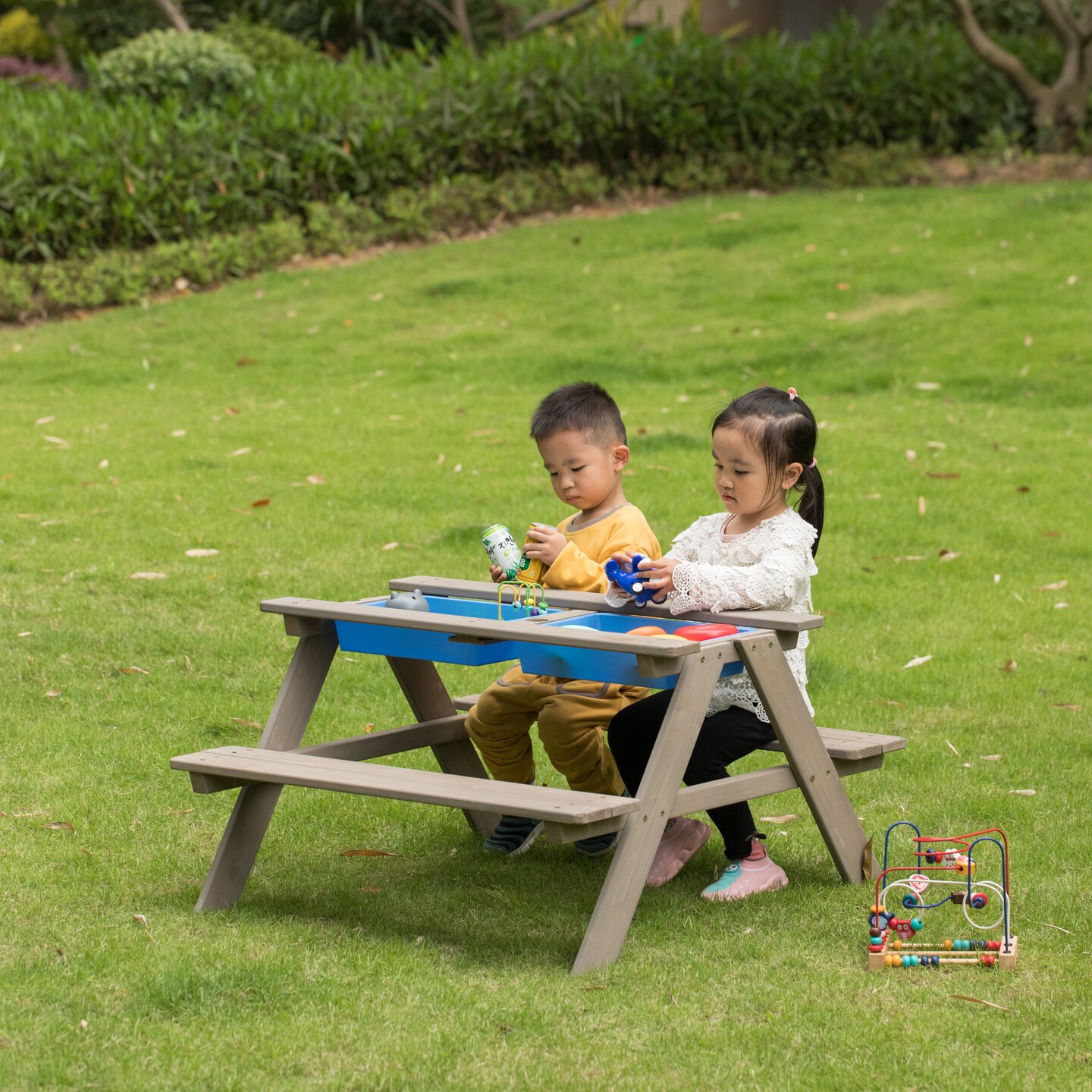 Kids Picnic Play Table, Sandbox Table with Umbrella Hole and 2 Play Boxes with Removable Top, Gray