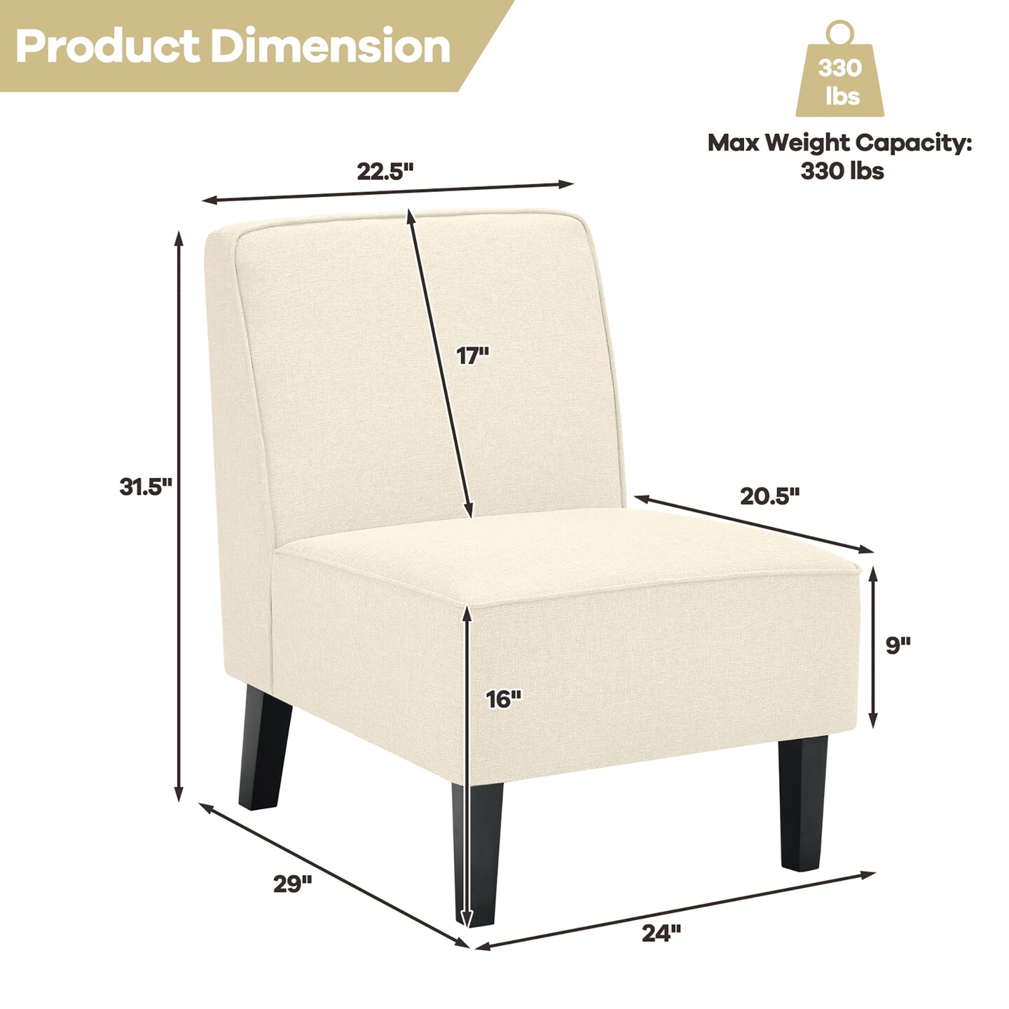 Costway Modern Armless Accent Chair Fabric Single Sofa withRubber Wood Legs Beige/Gray