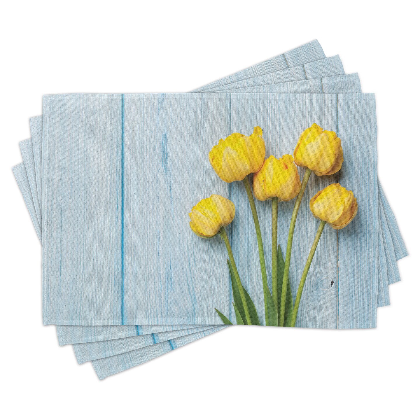 Ambesonne Tulip Place Mats Set of 4, Yellow Flowers on Old Wooden Rustic Background Valentines Romantic Theme, Washable Fabric Placemats for Dining Table, Standard Size, Yellow Green Pale Blue