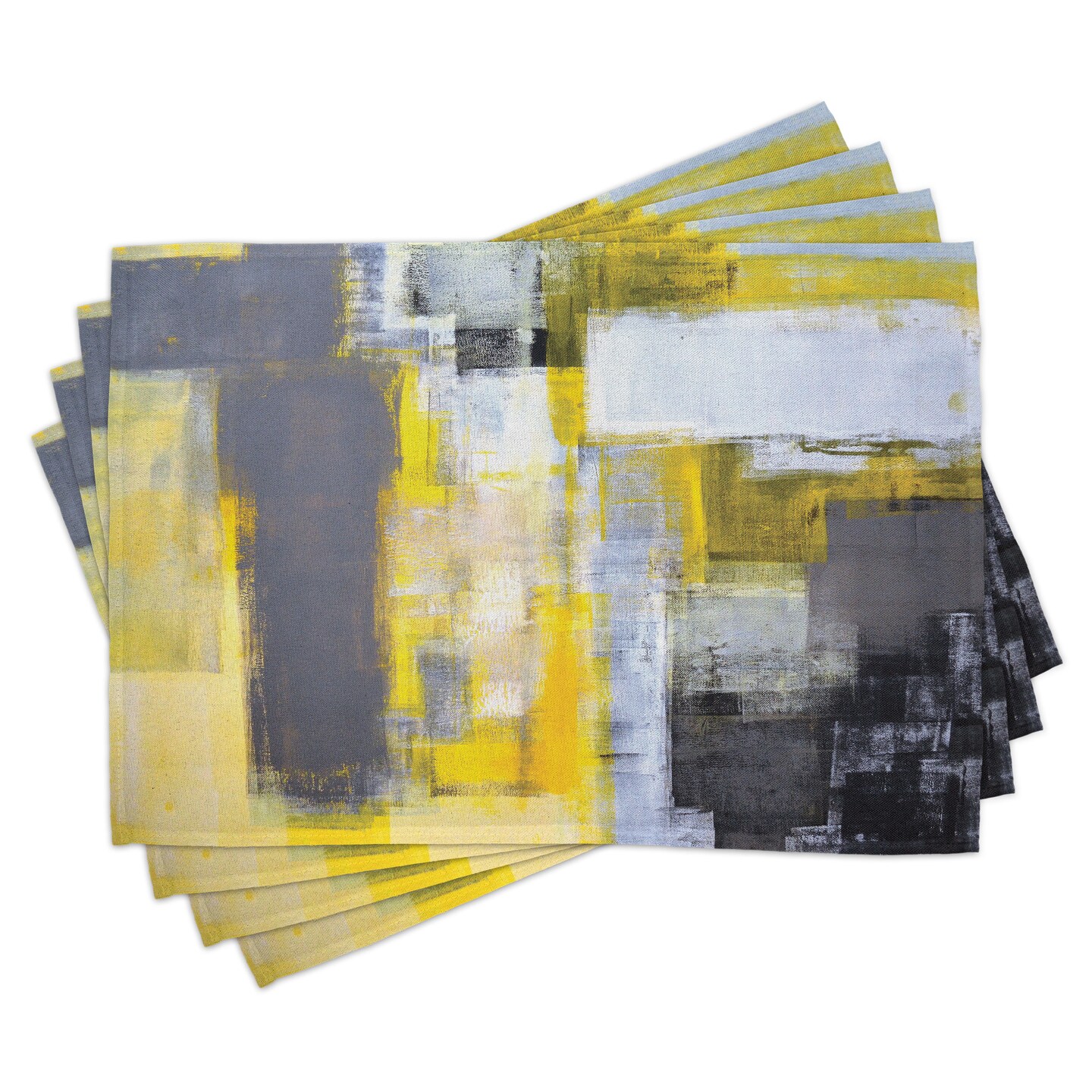 Ambesonne Yellow and Grey Place Mats Set of 4, Abstract Art Painting Design Modern Composition Brush Marks Pattern, Washable Fabric Placemats for Dining Table, Standard Size, Yellow Grey White