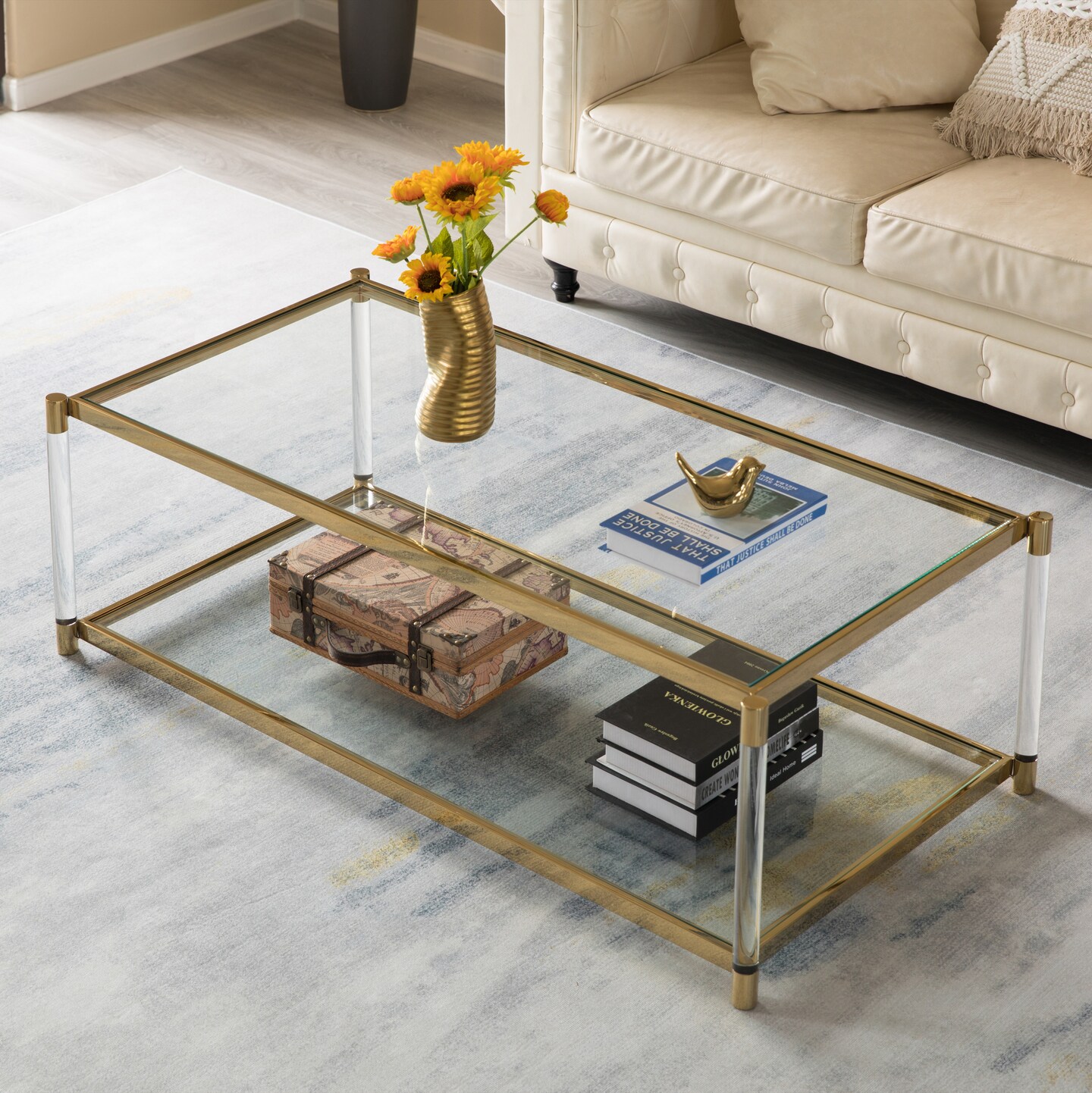 Acrylic Rectangular Modern Gold Metal Coffee Table with Tempered Glass and Shelf for Office, Dining Room, Entryway