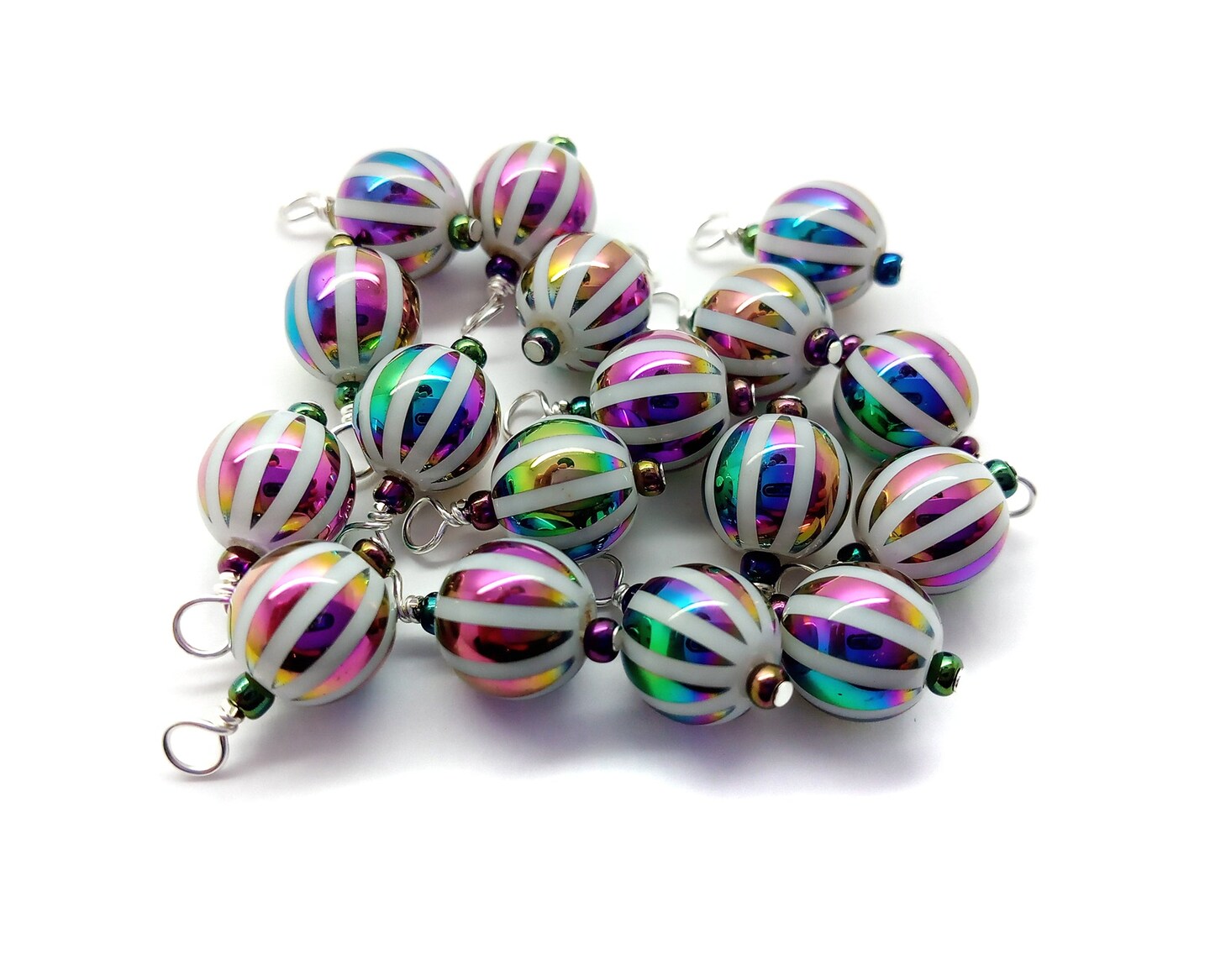 Tiny Iridescent Striped Bead Dangles, Charms for Jewelry Making, 10 pc, Adorabilities