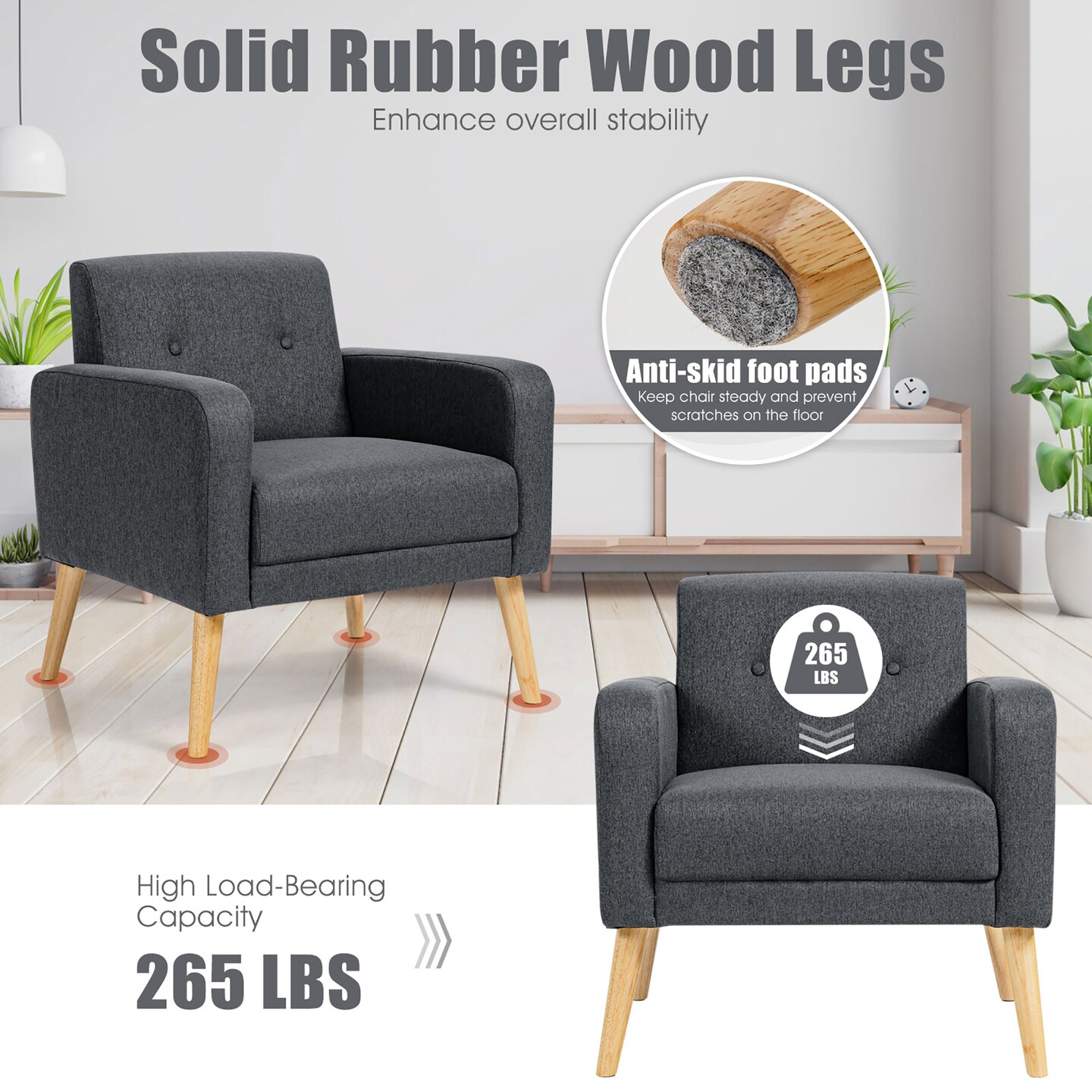 Costway Modern Accent Chair Upholstered Linen Armchair w/Rubber Wood Legs Yellow\Beige\Grey\Navy