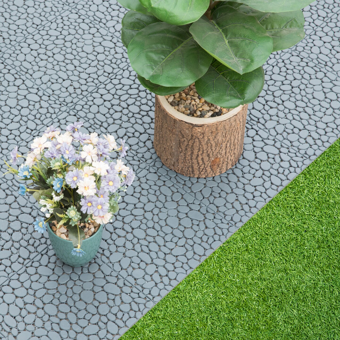 Interlocking Cobbled Stone Look Garden Pathway Tiles, Decorative Floor Grass Pavers Anti- Slip Mat, 5 pack