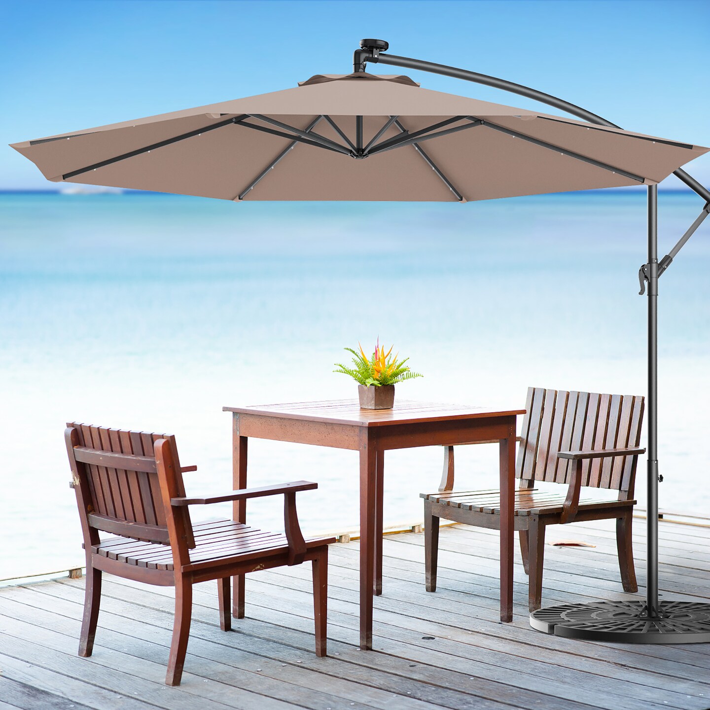 Costway 10&#x27; Hanging Solar LED Umbrella Patio Garden Sun Shade Offset Market W/Base Tan